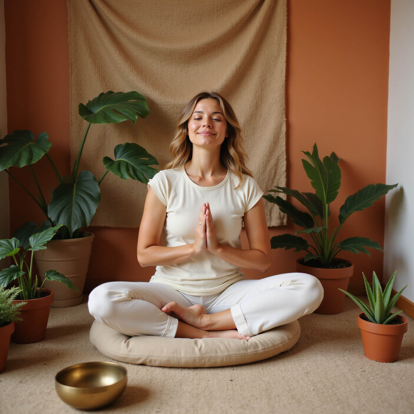 Person meditating on layered cushions in a cozy nook with potted plants, brass singing bowl, and diffuser, bathed in warm late afternoon light against a textured fiber wall.