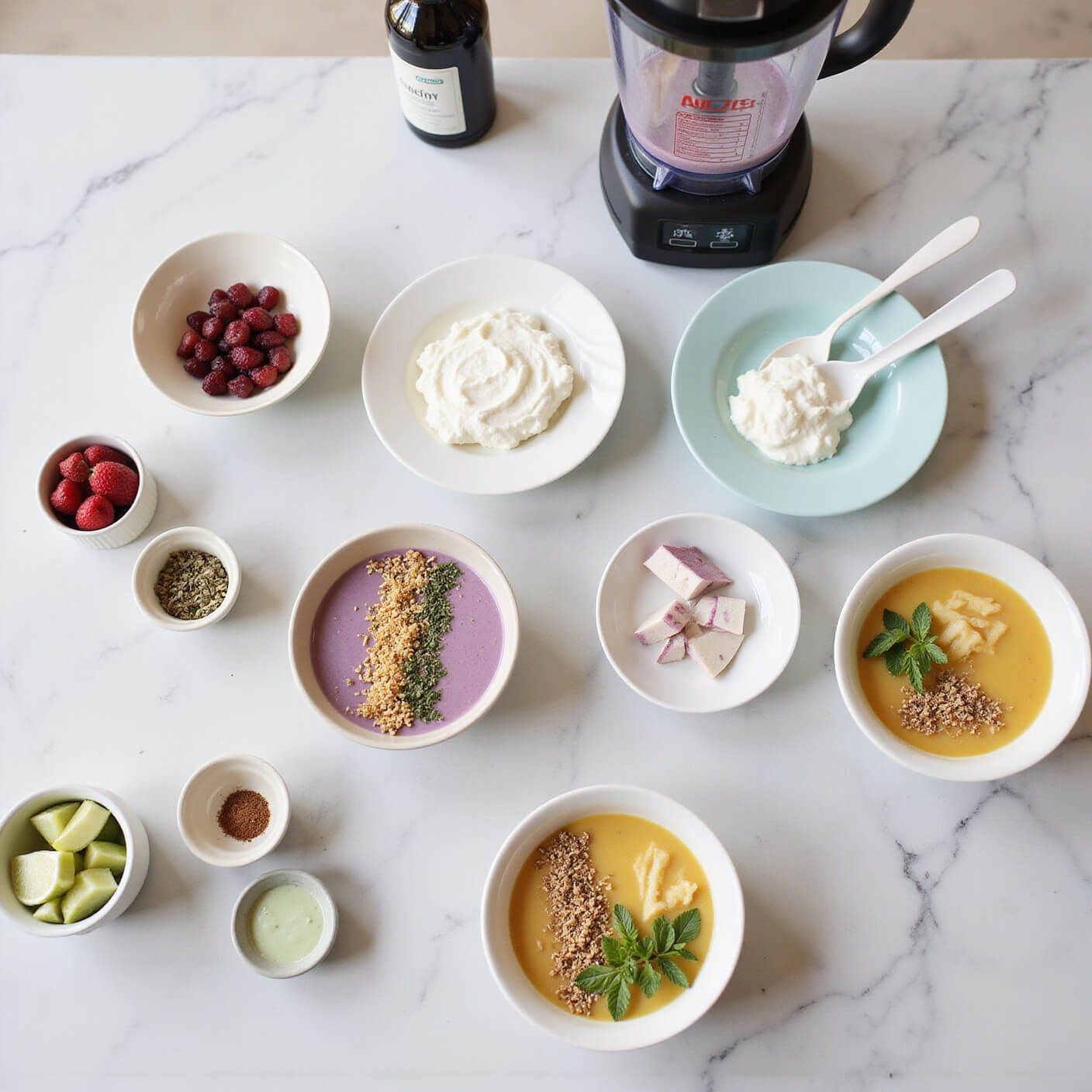 Overhead view of a sunlit kitchen with pastel-toned smoothie bowls, soup, yogurt, and diced fruits on a marble counter, surrounded by a high-end blender, ceramic bowls, and fresh herbs.