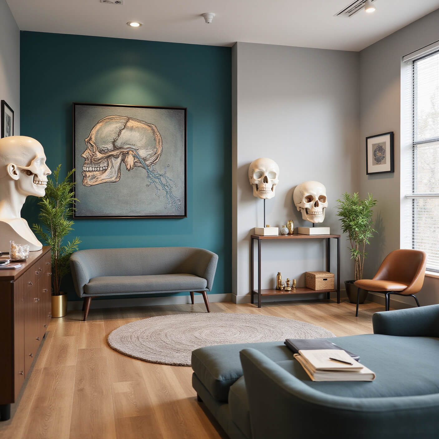 Modern wellness clinic waiting area with TMJ models, comfortable seating, calming artwork, and a sophisticated teal, grey, and brass color scheme in morning light.