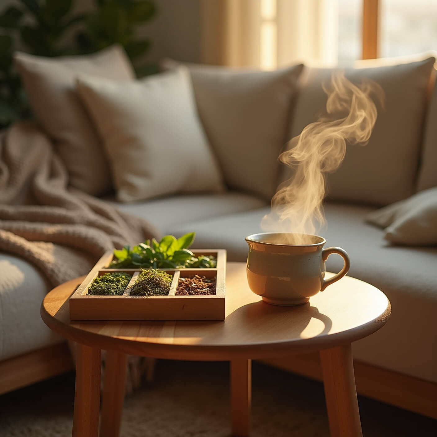 Steaming herbal tea in a ceramic mug on a wooden side table, beside a rustic box of dried herbs, bathed in golden hour sunlight with cozy natural textures.