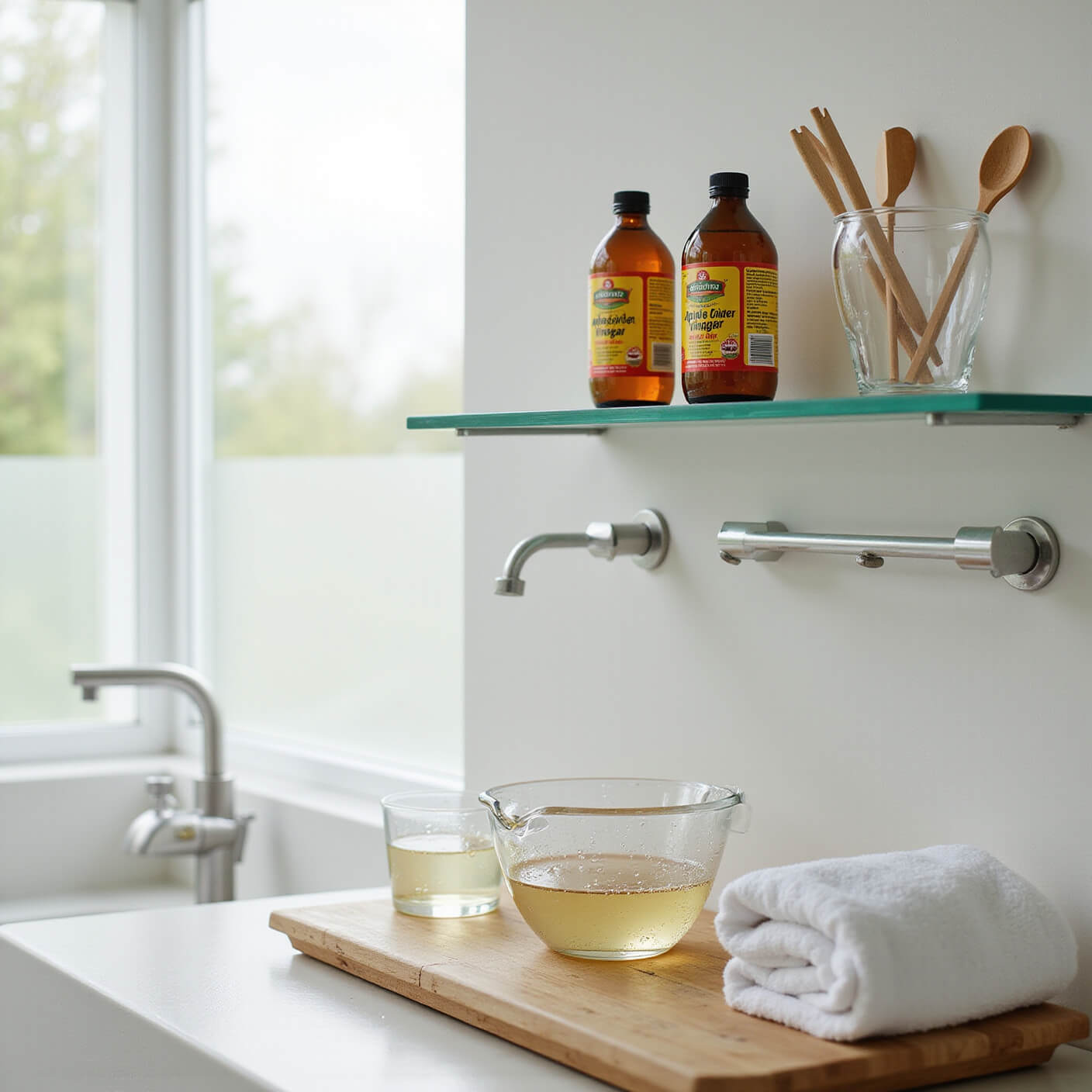 Minimalist bathroom wellness station with amber bottles, measuring spoons, glass mixing vessel, white towels, and bamboo tray, lit by soft afternoon light through frosted windows.