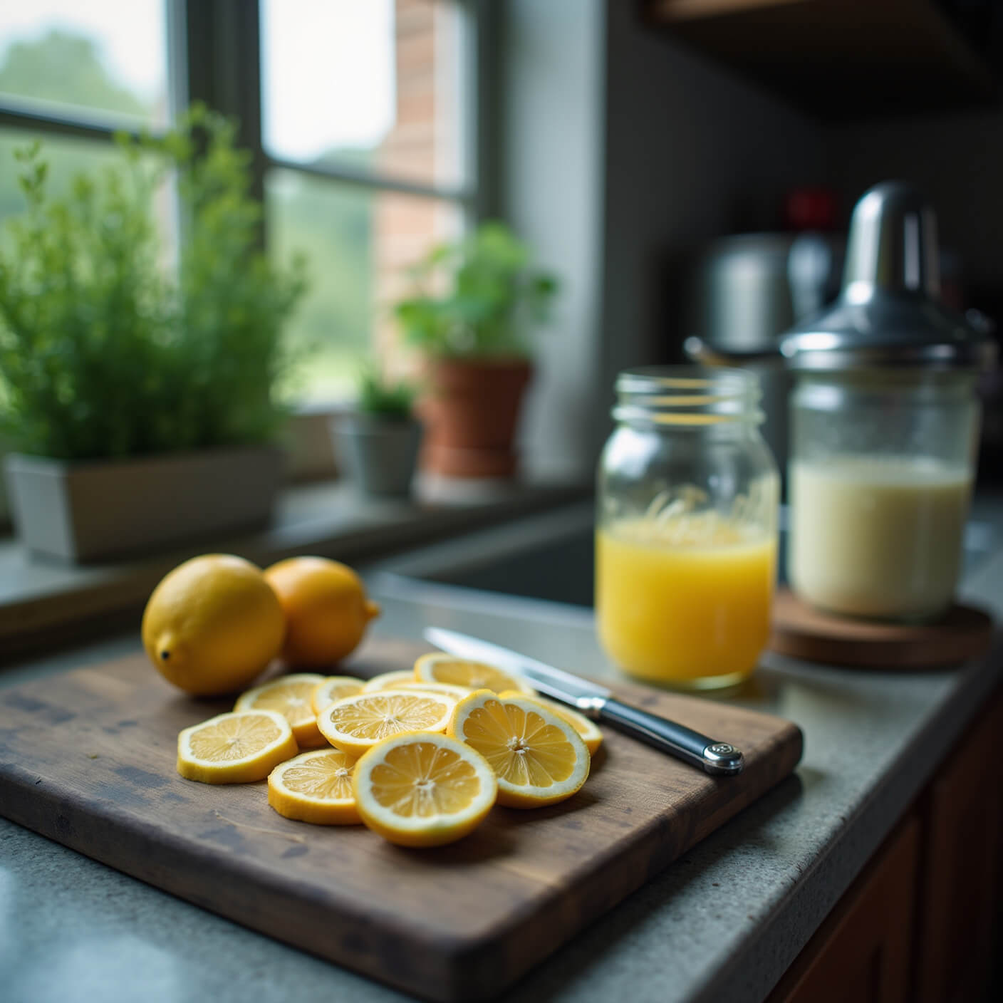 Blue hour kitchen scene with organic lemons on a distressed cutting board, glass juicer, mason jars, and herb garden visible through the window.