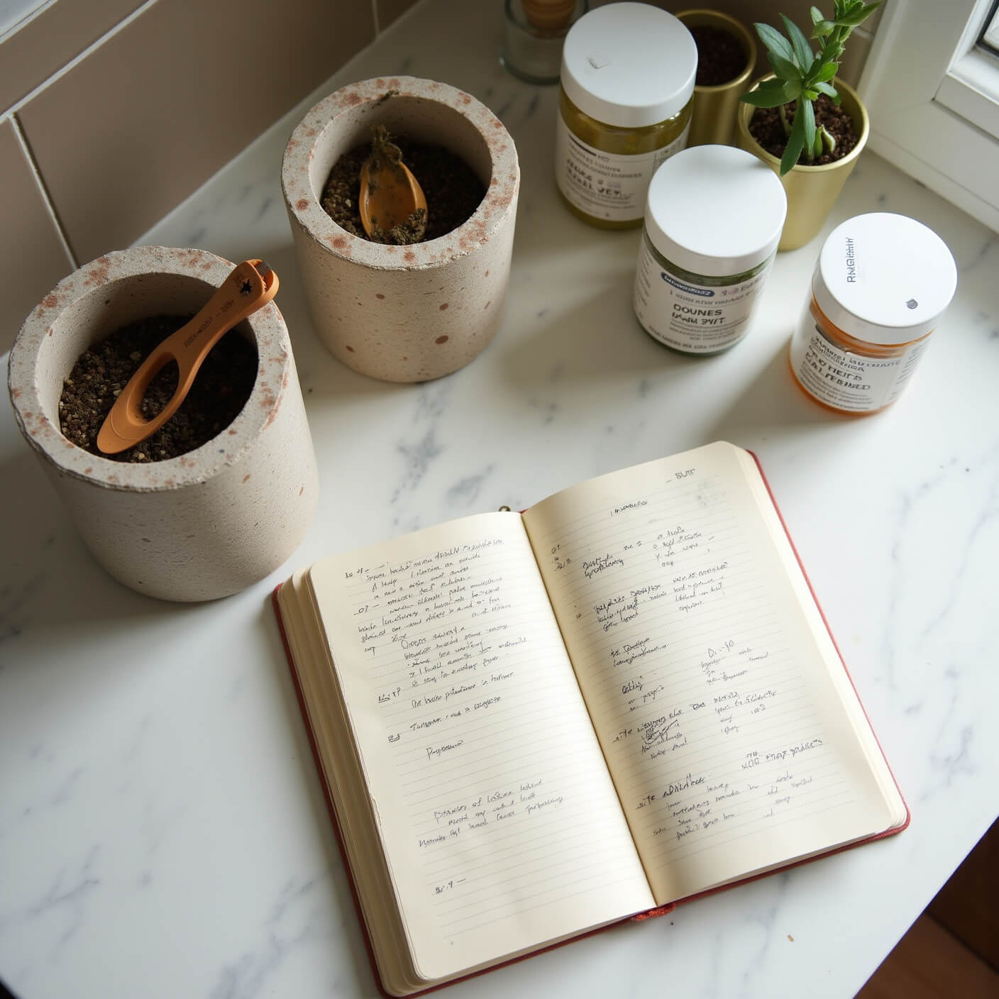 Overhead view of a bathroom counter with natural stone vessels, medical measuring tools, an open hydration journal, and organized glass containers of supplements, all bathed in soft afternoon light.