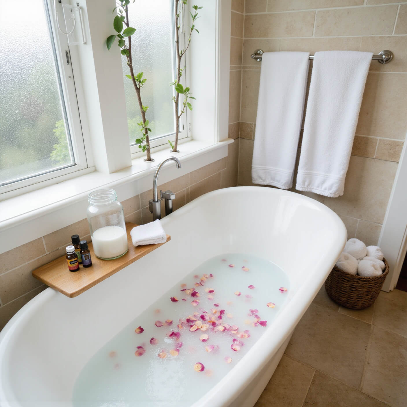 Overhead view of a serene bathroom with a freestanding white tub filled with steaming water and rose petals, bamboo caddy holding Epsom salts, essential oils, and washcloth, soft light through frosted window, and eucalyptus branches hanging nearby.