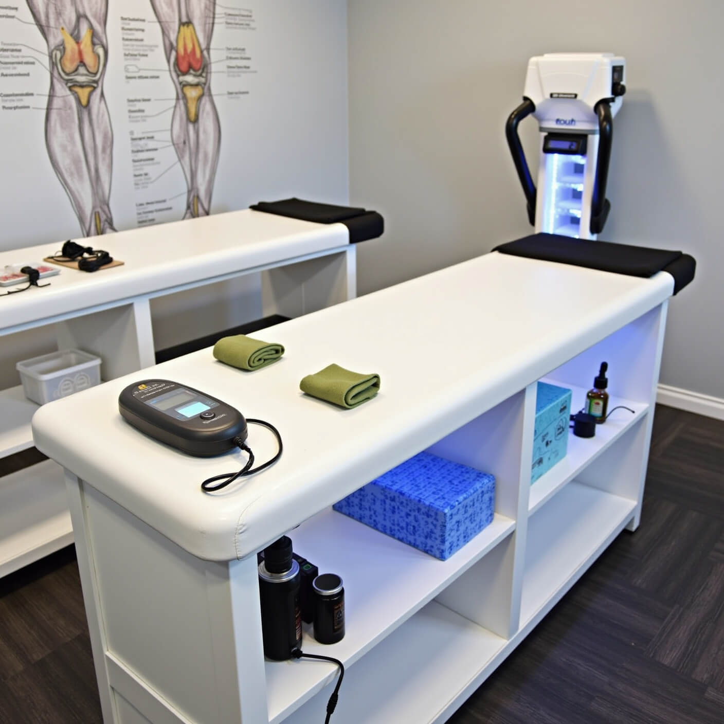 Modern home gym therapy station with white treatment table, ice packs, heating pad, wraps, oils, and medical storage, under cool LED lighting, against grey wall with knee anatomy diagram.