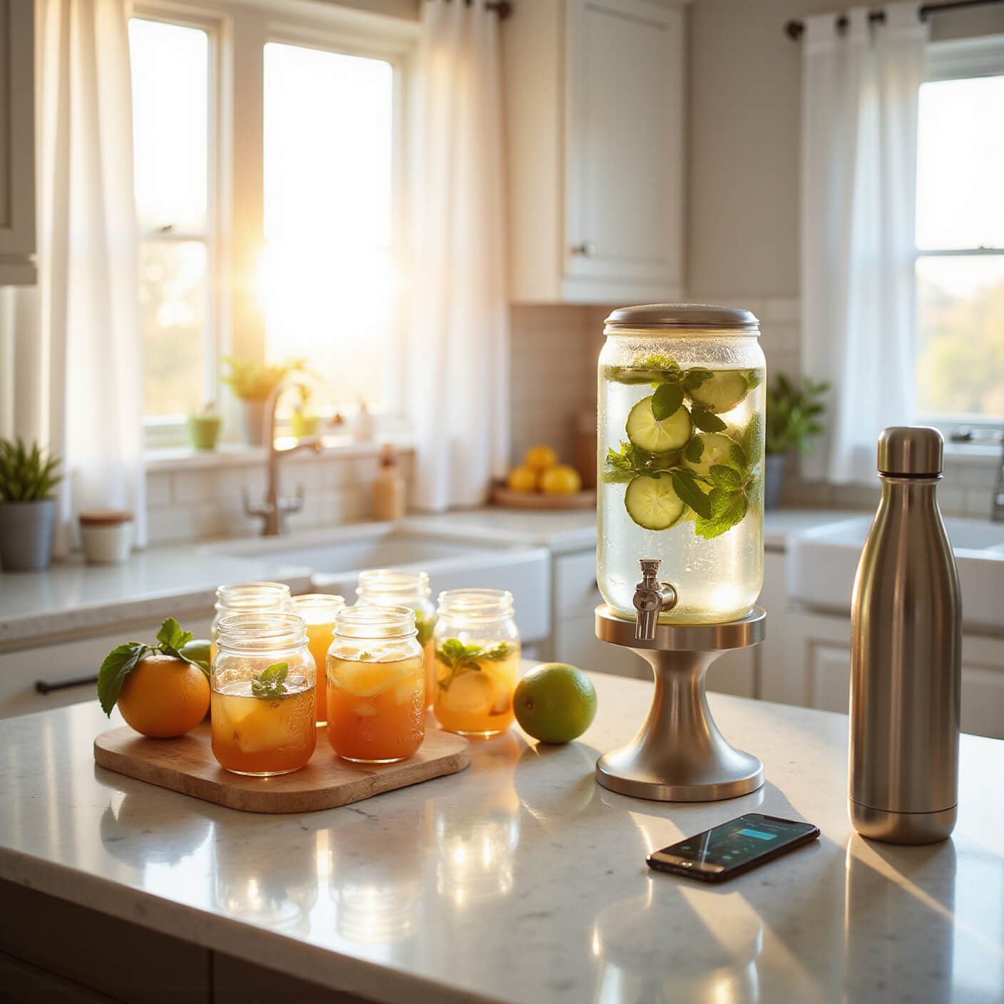 Sunlit kitchen with marble countertop, cucumber-mint infused water in crystal dispenser, citrus fruits, mason jars with infused water, stainless steel bottle, and hydration app on smartphone.