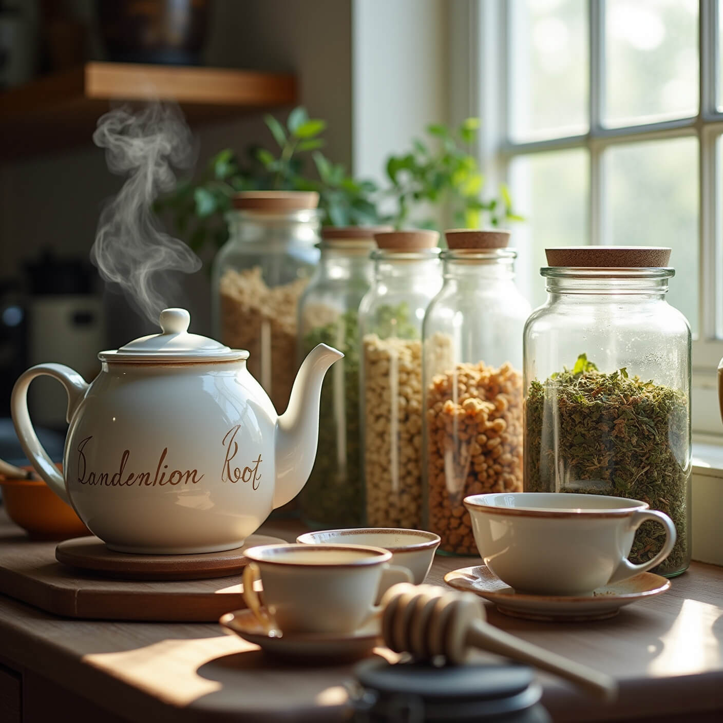 Close-up of a rustic farmhouse kitchen counter with a steaming vintage teapot, labeled glass jars of dried herbs, honey jar with wooden dipper, ceramic mugs, and a tea strainer, bathed in soft afternoon light.