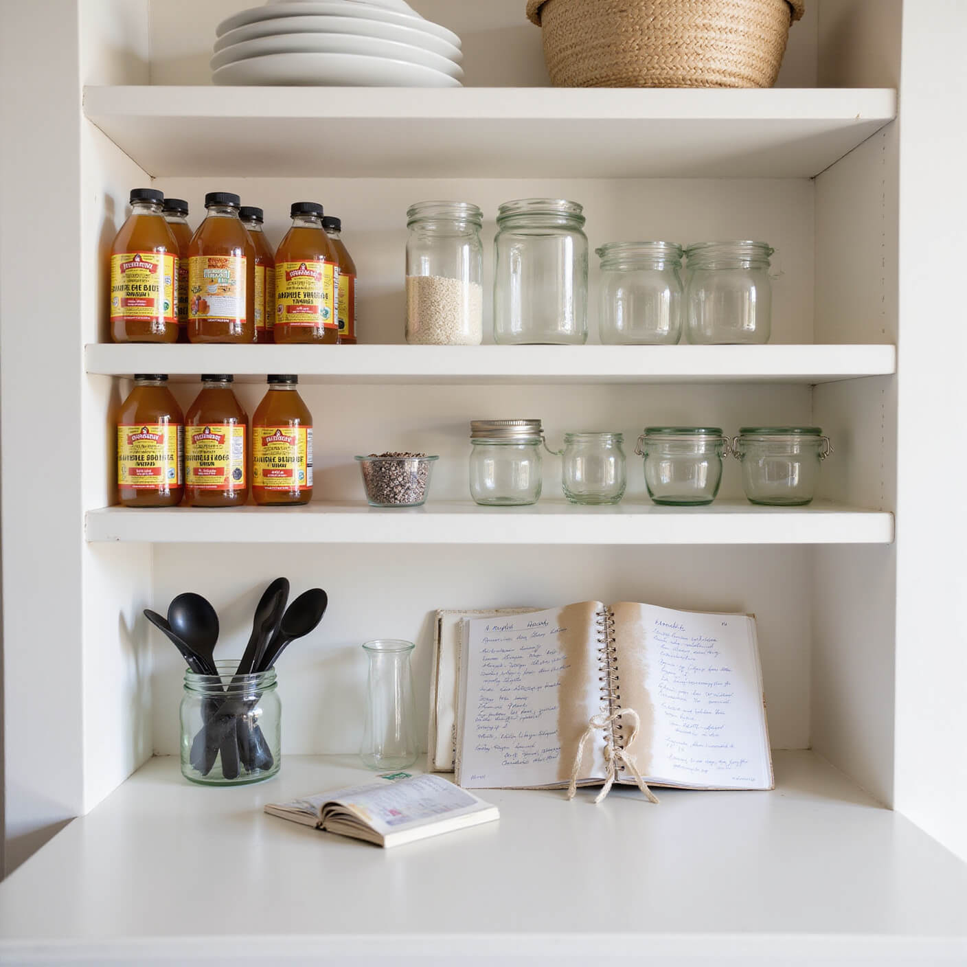 Neatly organized wellness pantry shelves with bottles of raw apple cider vinegar, honey jars, measuring spoons, clean glassware, and an open handwritten journal under bright, natural lighting.