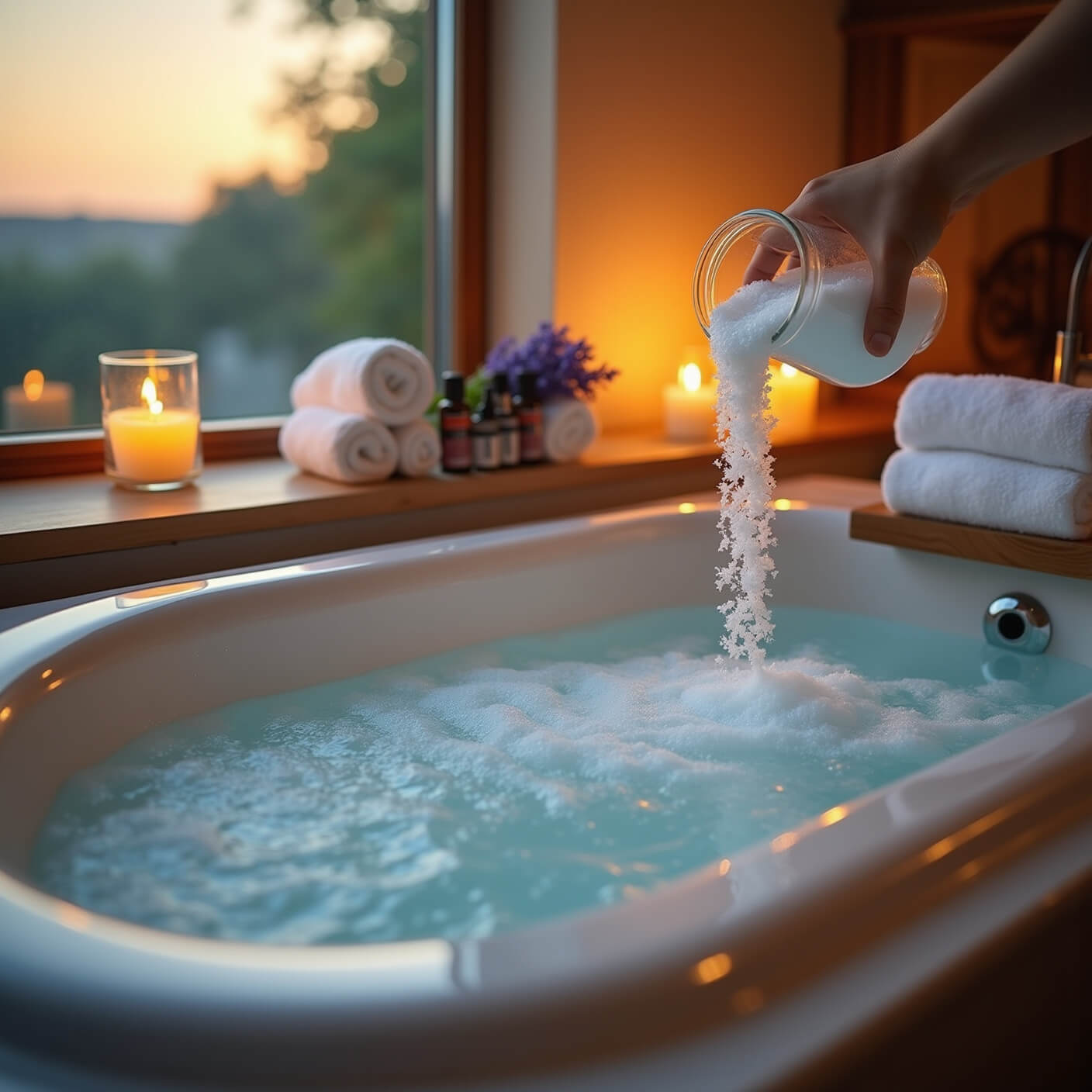 Spa-like bathroom at dusk with steaming soaking tub, Epsom salts creating ripples, lavender and oils on bath caddy, rolled white towels, and warm candlelight ambience.