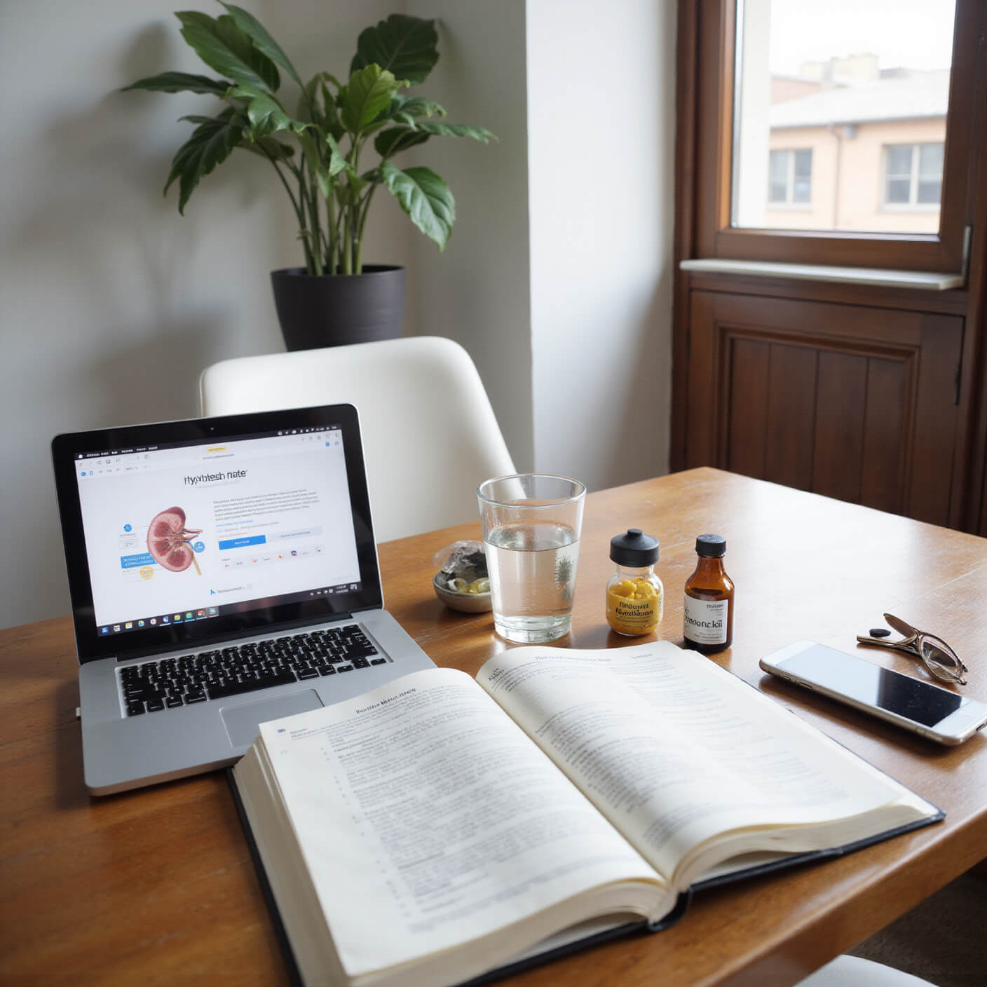 Contemporary home office with open medical books, laptop displaying kidney health research, notebook with handwritten symptoms checklist, glass of water, natural supplements, and smartphone showing health tracking app on a wooden desk, lit by afternoon light.