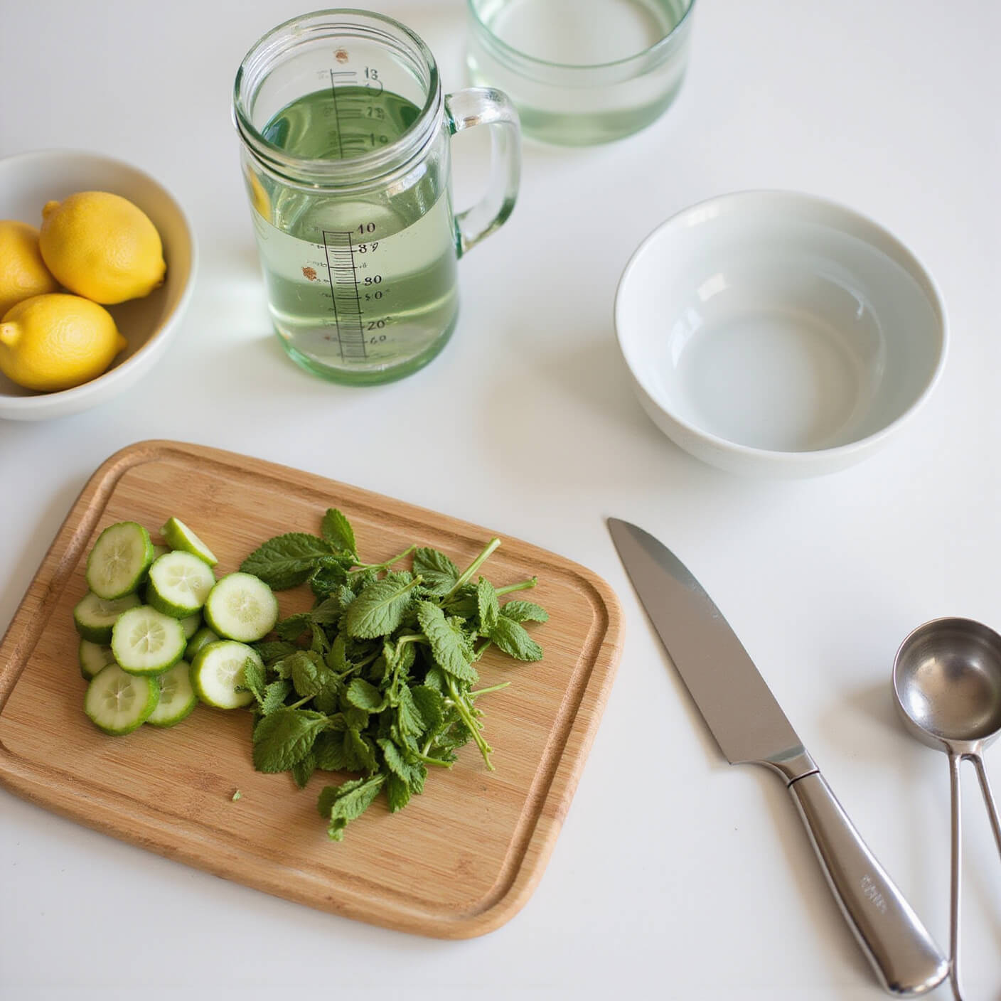 Overhead view of a minimalist kitchen prep station with a glass water bottle marked by hours, cucumbers, lemons, and mint on a bamboo cutting board, ceramic bowl of water, and stainless steel tools in morning natural light.
