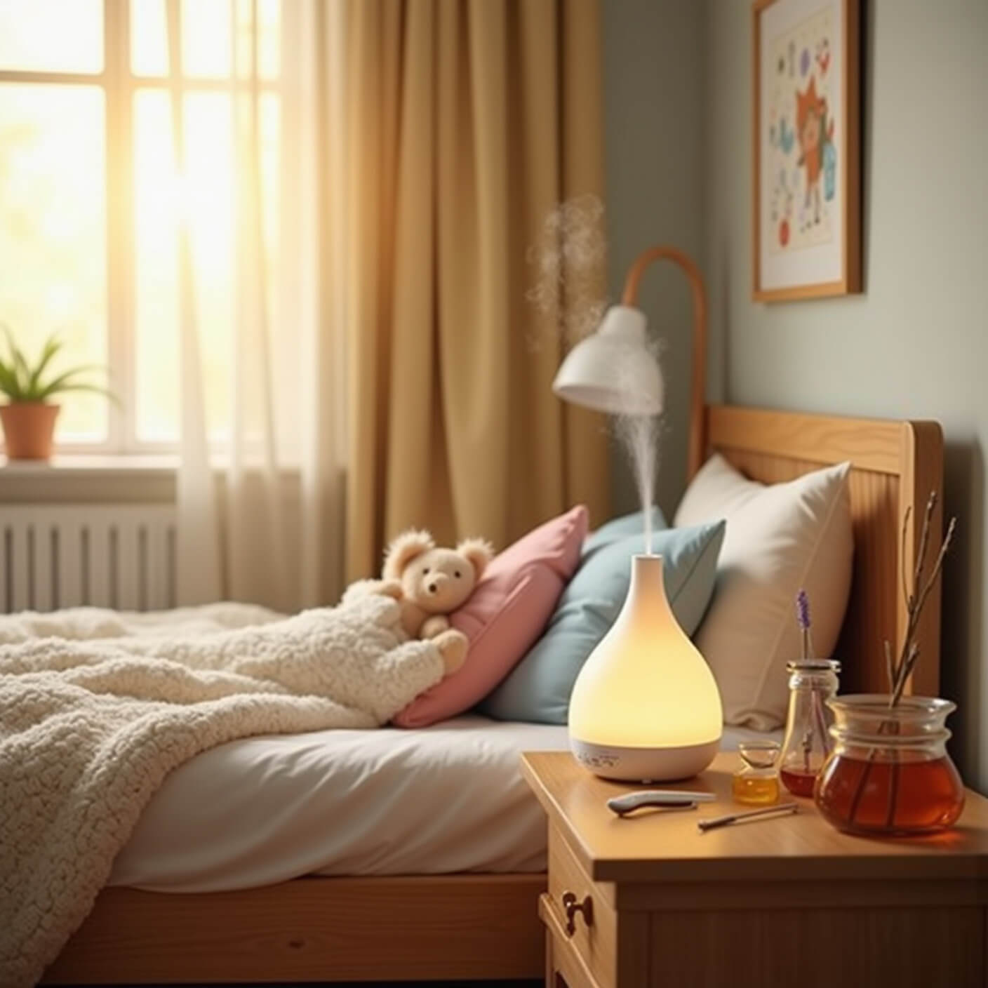 Cozy child's bedroom at dawn with soft light, white humidifier misting near wooden bed, pastel walls, bamboo floors, essential oil diffuser, medical thermometer, water glass, honey jar, and stuffed animal, in hyper-realistic detail.