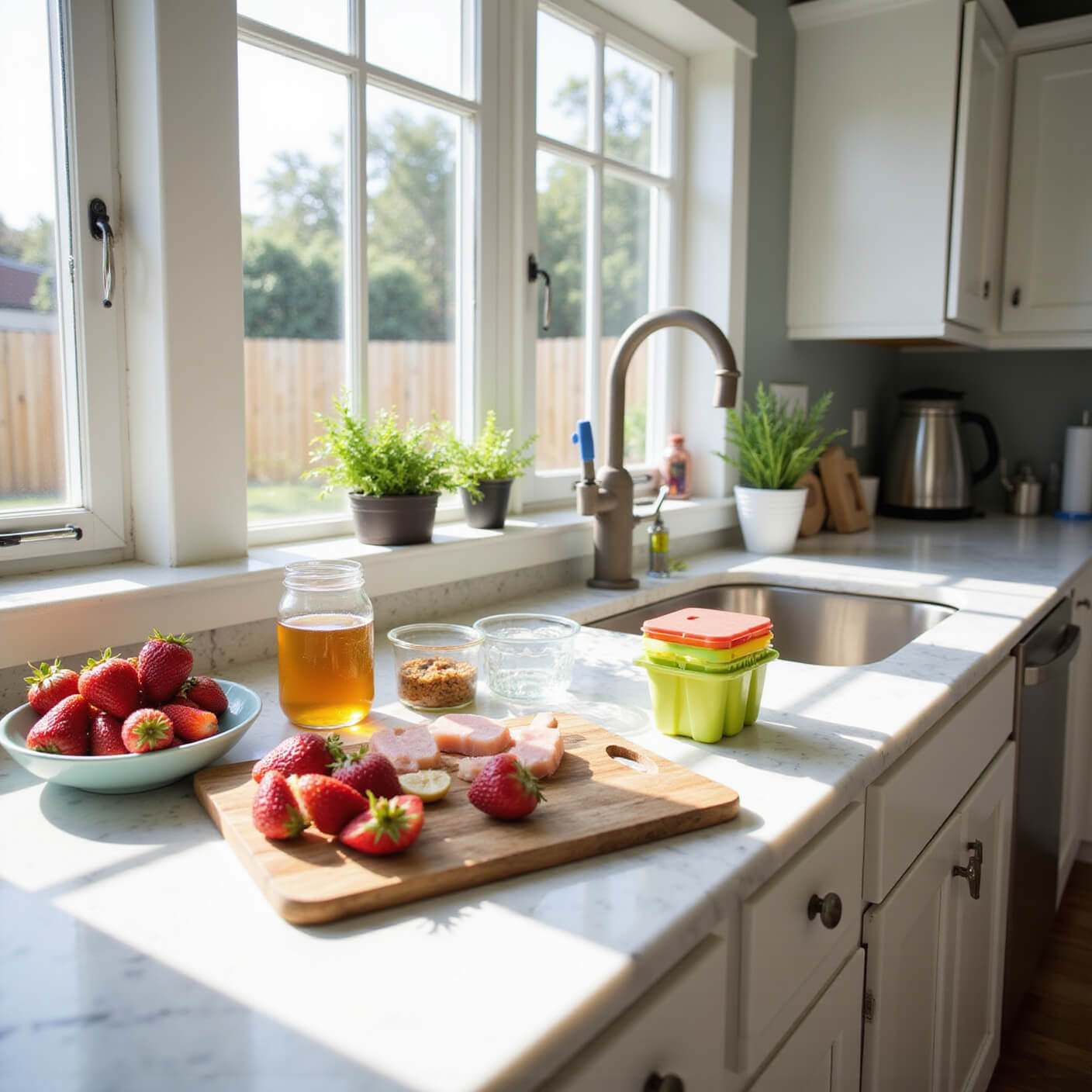 Overhead view of a bright modern kitchen with marble countertop displaying strawberries, honey, blender, popsicle molds, sliced fruits, and glass measuring cups; white cabinets and potted herbs in background.