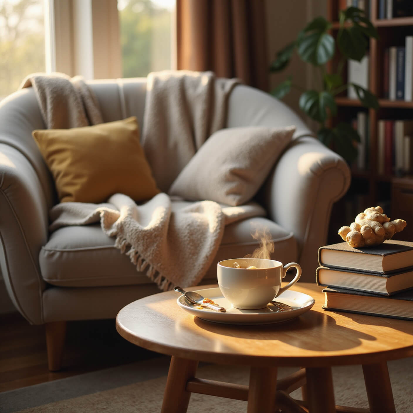 Cozy living room nook at golden hour with oversized armchair, soft blankets, child-sized wooden tea table, steaming chamomile tea, glass teapot, ginger root, stacked books, and plush neutral cushions, viewed from a seated perspective.