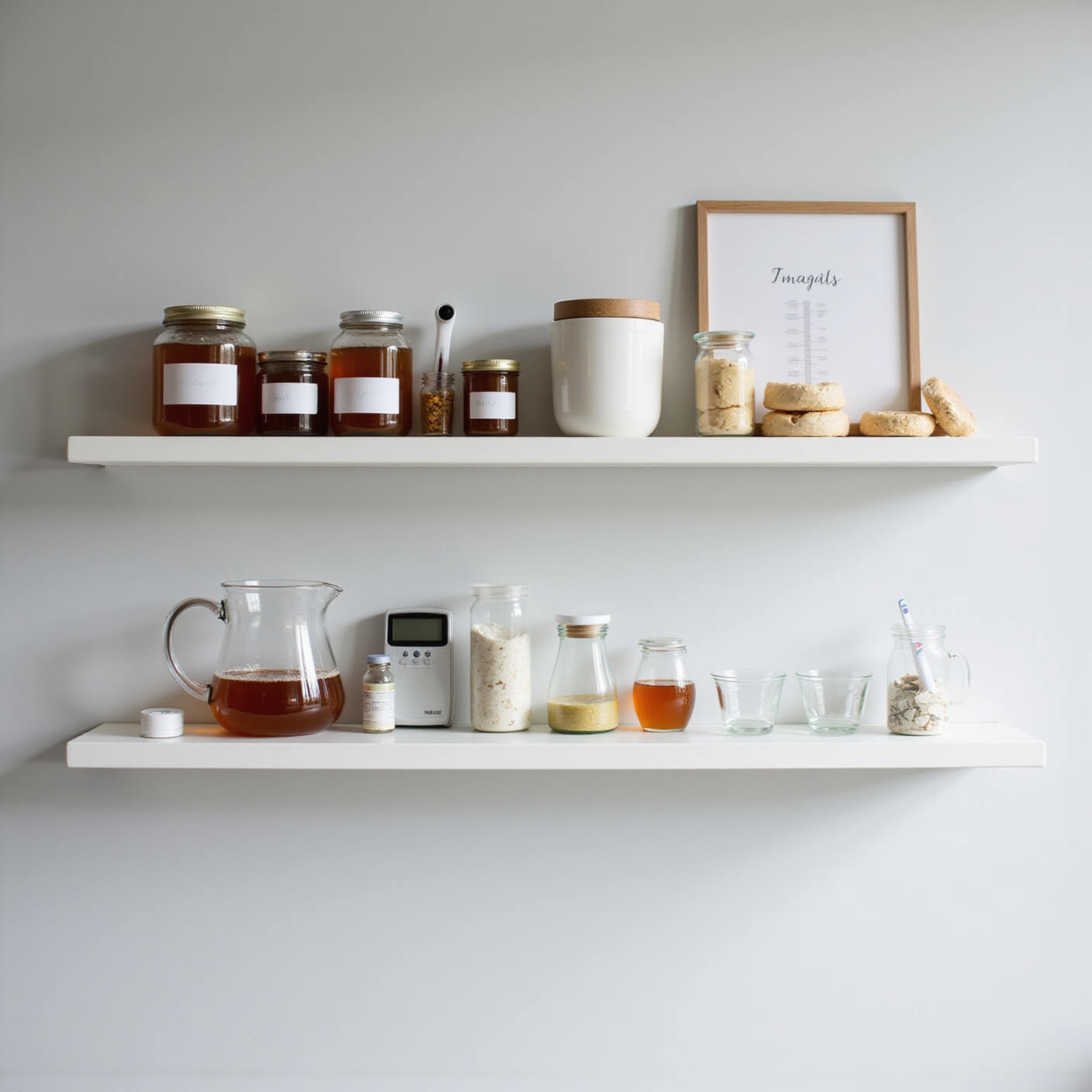 Modern wellness station with white floating shelf holding raw honey, herbal teas, thermometer, lozenges, glass water pitcher, medicine cups, and temperature chart against pale gray wall in diffused afternoon light.