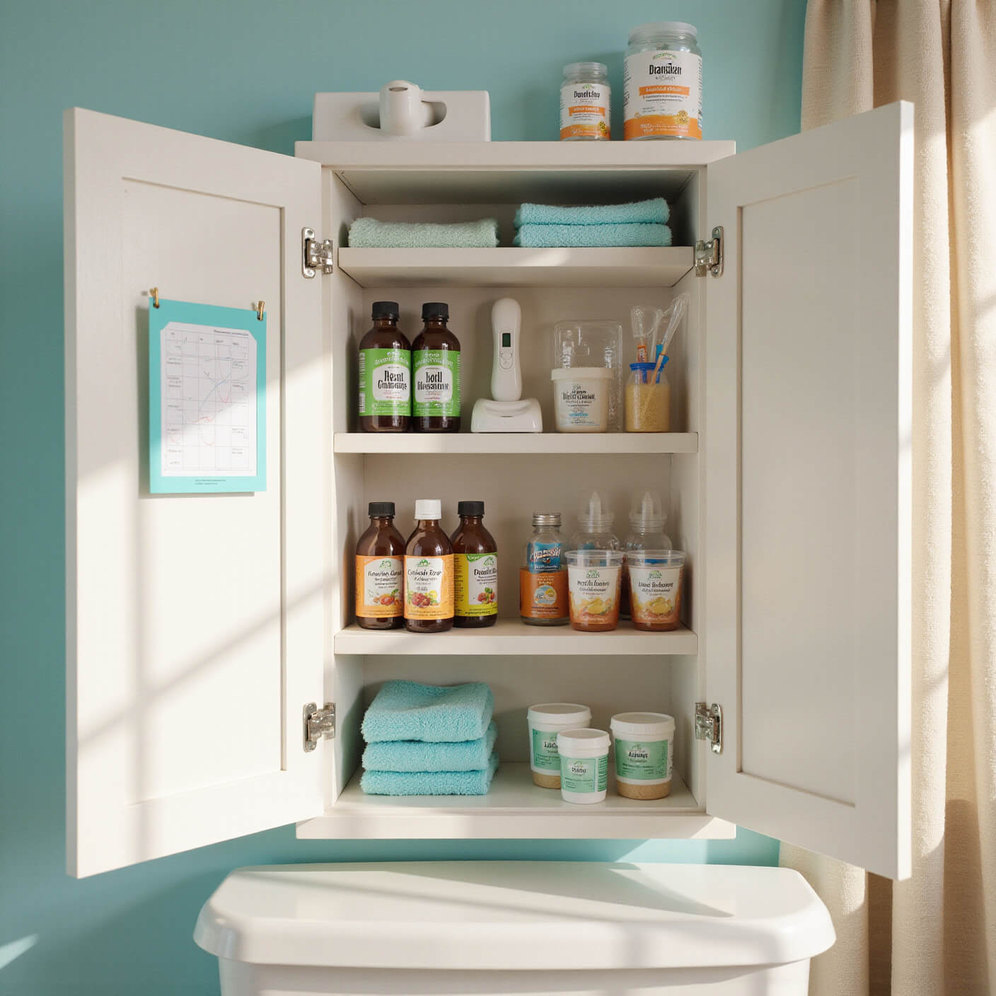 Open child's bathroom medicine cabinet in bright morning light, neatly organized with natural cough syrup, throat sprays, honey packets, a digital thermometer in a charging dock, clean washcloths, measured droppers, and a symptom tracking chart magnetized to the door.
