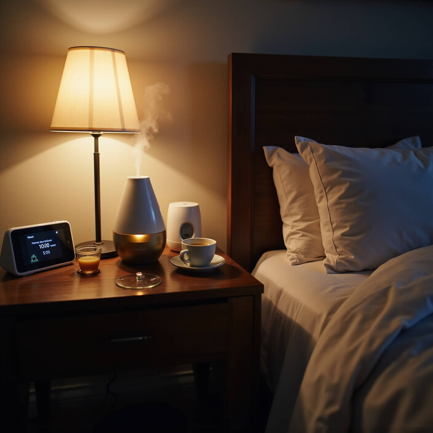 Cozy nighttime setup with humidifier misting, honey-chamomile tea on bedside table, sound machine, temperature monitor, and essential oil diffuser under soft, warm lighting.