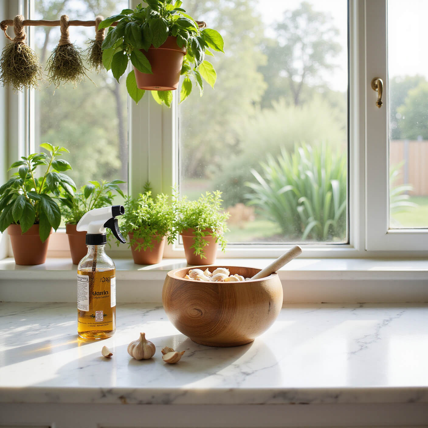 Bright kitchen with morning sunlight, potted herbs on windowsill, garlic being crushed in wooden mortar, natural mosquito repellent spray nearby, dried herbs hanging above, and lemongrass visible outside.