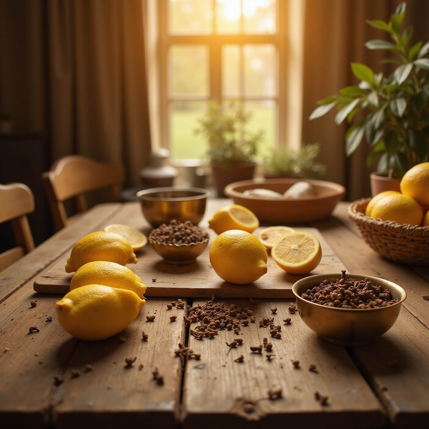 Halved lemons with cloves arranged on a farmhouse table, surrounded by vintage brass bowls of cloves and a basket of fresh citrus, glowing in golden late afternoon light with soft bokeh and dust motes in the air.