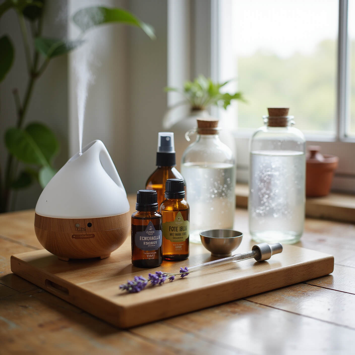 Home wellness station with essential oil diffuser misting, surrounded by citronella, eucalyptus, lavender oils on a bamboo tray, with dropper, amber spray bottle, and witch hazel bottles in soft morning light.