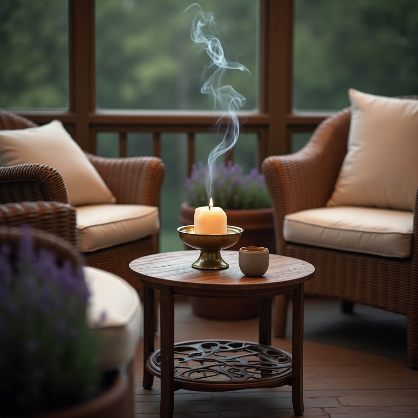 Cozy screened porch at dusk with glowing camphor smoke in a brass holder, rattan furniture with cream cushions, potted lavender plants, and warm ambient lighting.