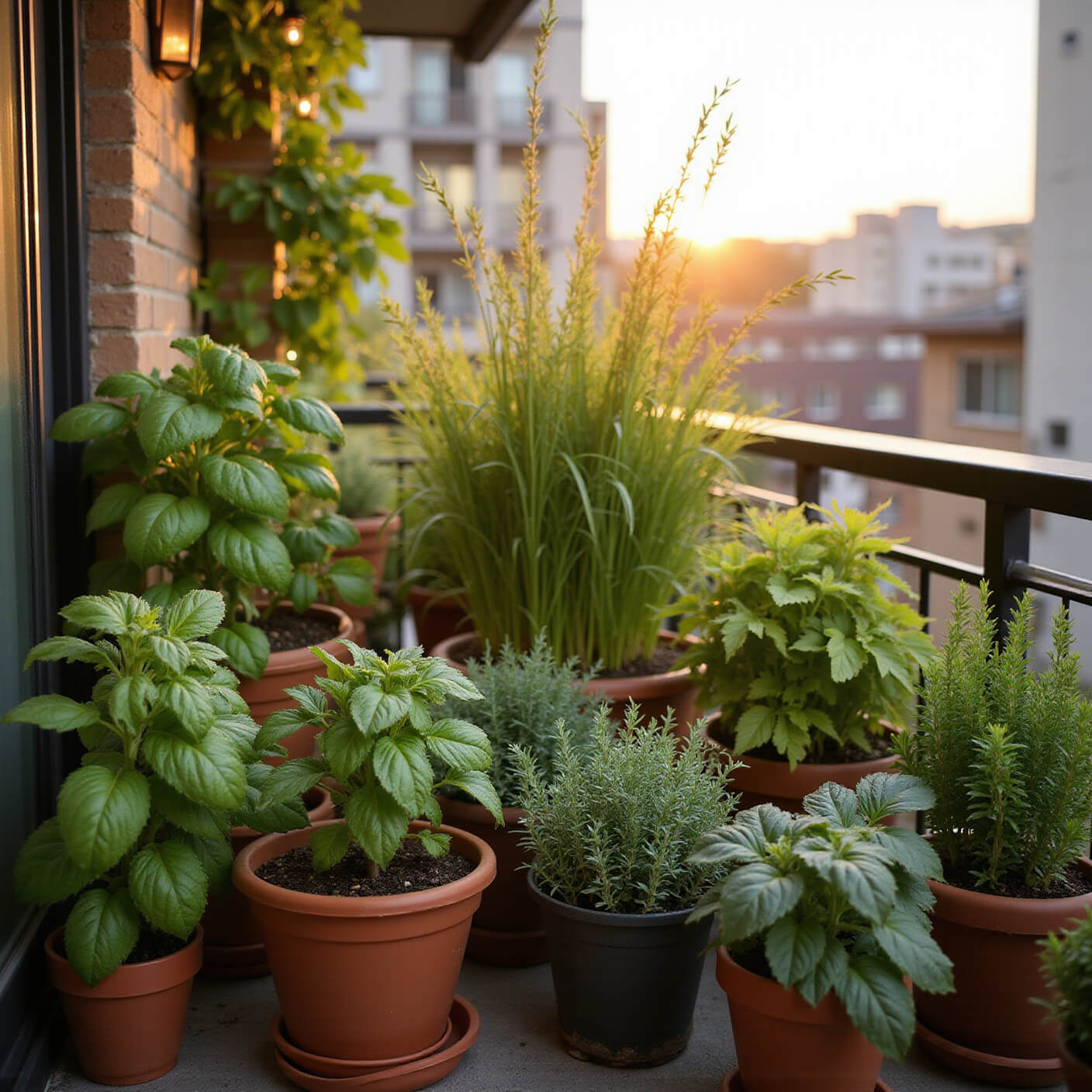 Urban balcony garden at golden hour with basil, lemongrass, mint, and rosemary in terracotta pots, accented by string lights and copper plant markers.