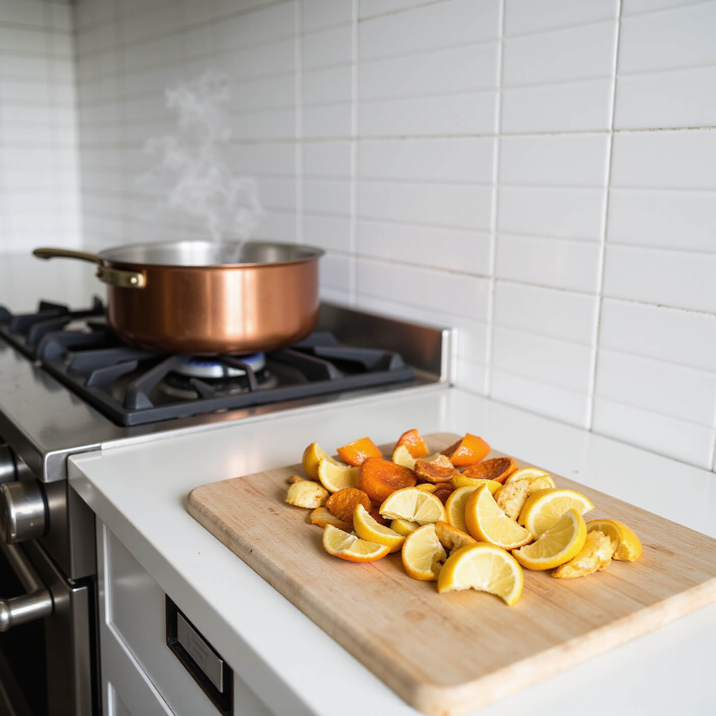 Overhead view of a modern minimalist kitchen with citrus peels on a wooden cutting board and steam rising from a copper pot on a gas range, against a white subway tile and stainless steel backdrop.