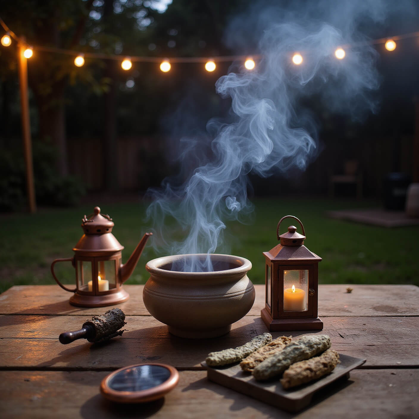 Ceramic smoke bowl releasing sage tendrils on a weathered wooden table with copper tools and dried herbs, illuminated by solar lanterns and string lights at twilight.