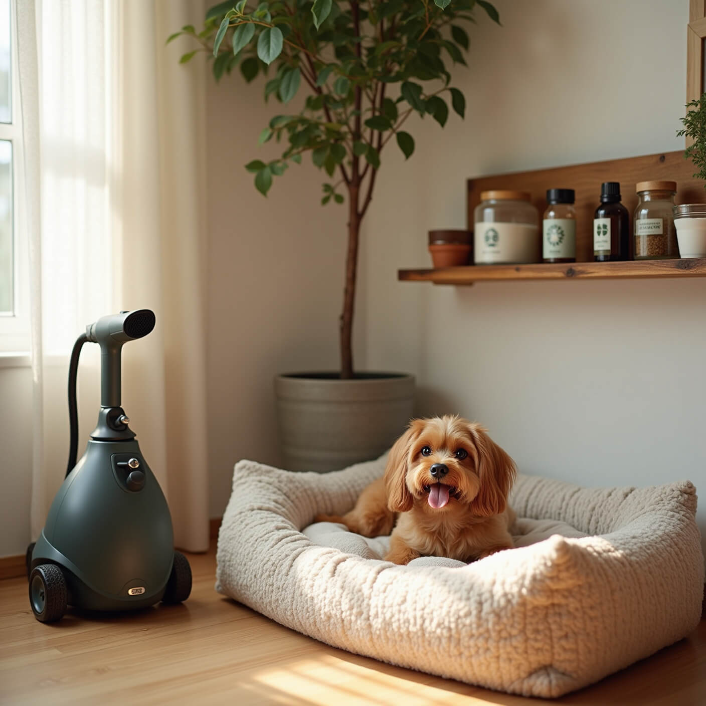 Cozy early morning pet care corner with a plush bed on light oak floor, surrounded by natural flea prevention tools, a steamer, glass jars of powders, essential oils, and organic grooming supplies.