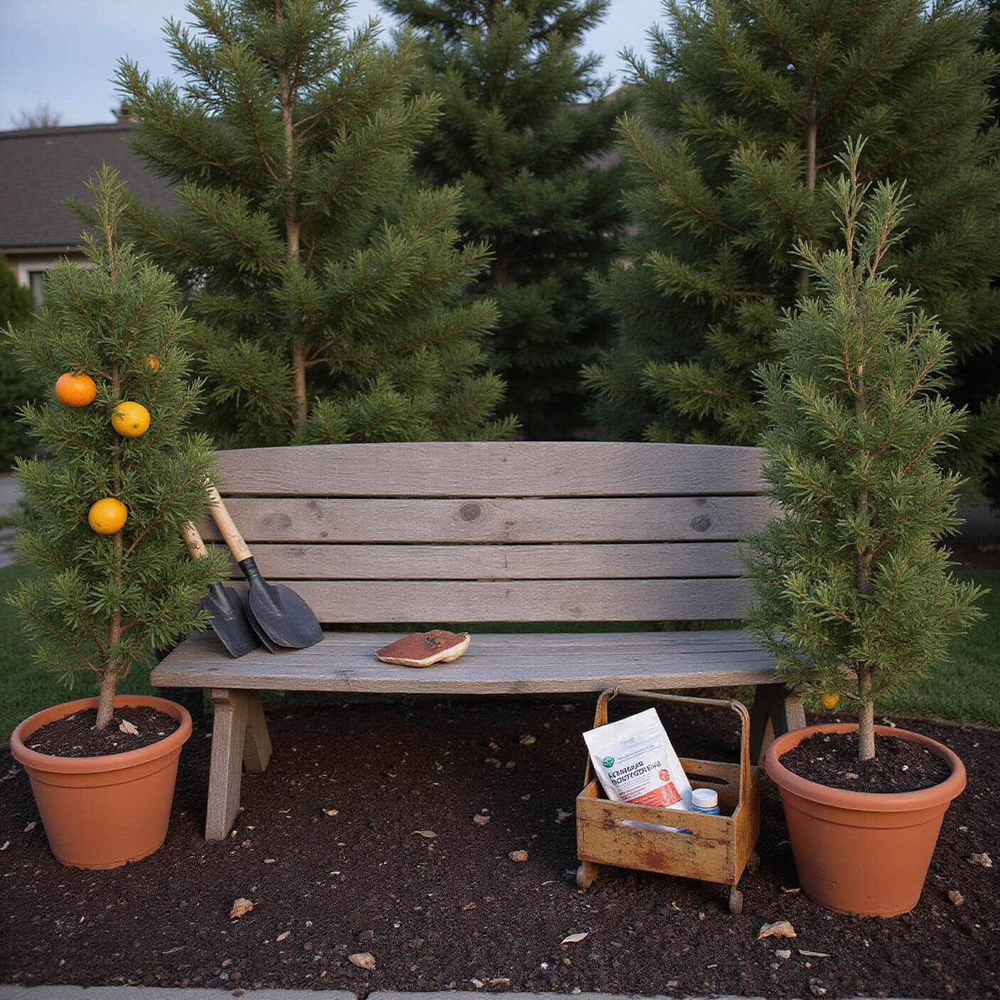 Dusk garden with dark soil, garden tools by a wooden bench, organic pest control supplies in a metal caddy, and citrus trees in terracotta pots.