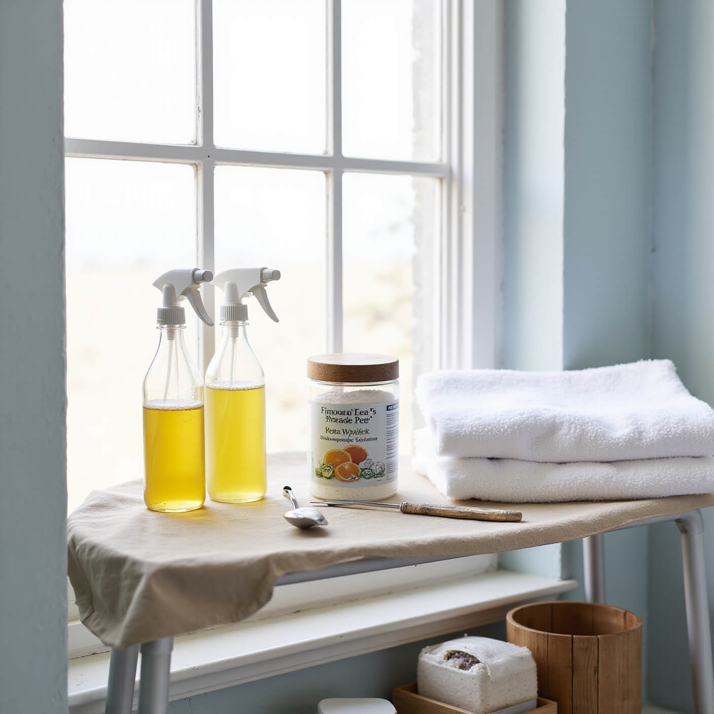 Pet wellness station in sunny bathroom with grooming table, citrus sprays, diatomaceous earth, eco-friendly tools, fluffy towels, and bamboo containers against pale blue walls.