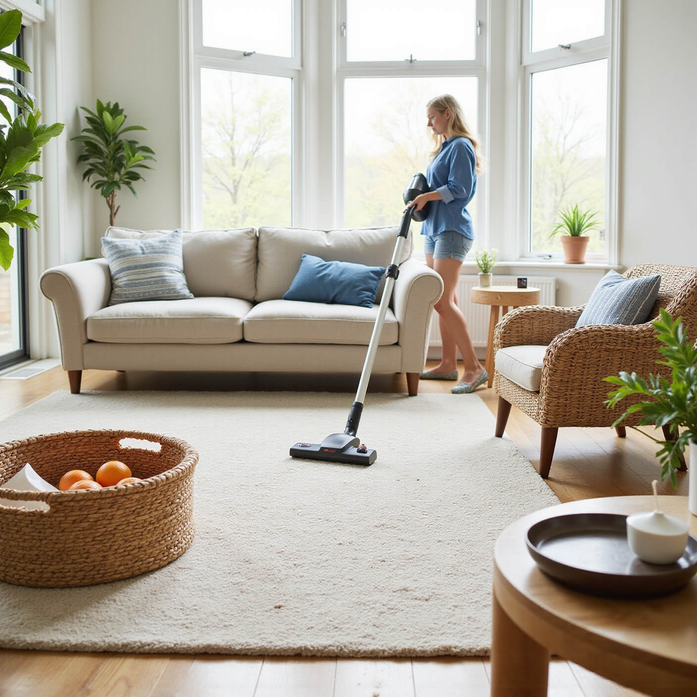 Living room flooded with sunlight, showing a vacuum cleaning plush carpet, natural flea repellents on surfaces, woven baskets with supplies, and essential oil diffusers releasing citrus scents.