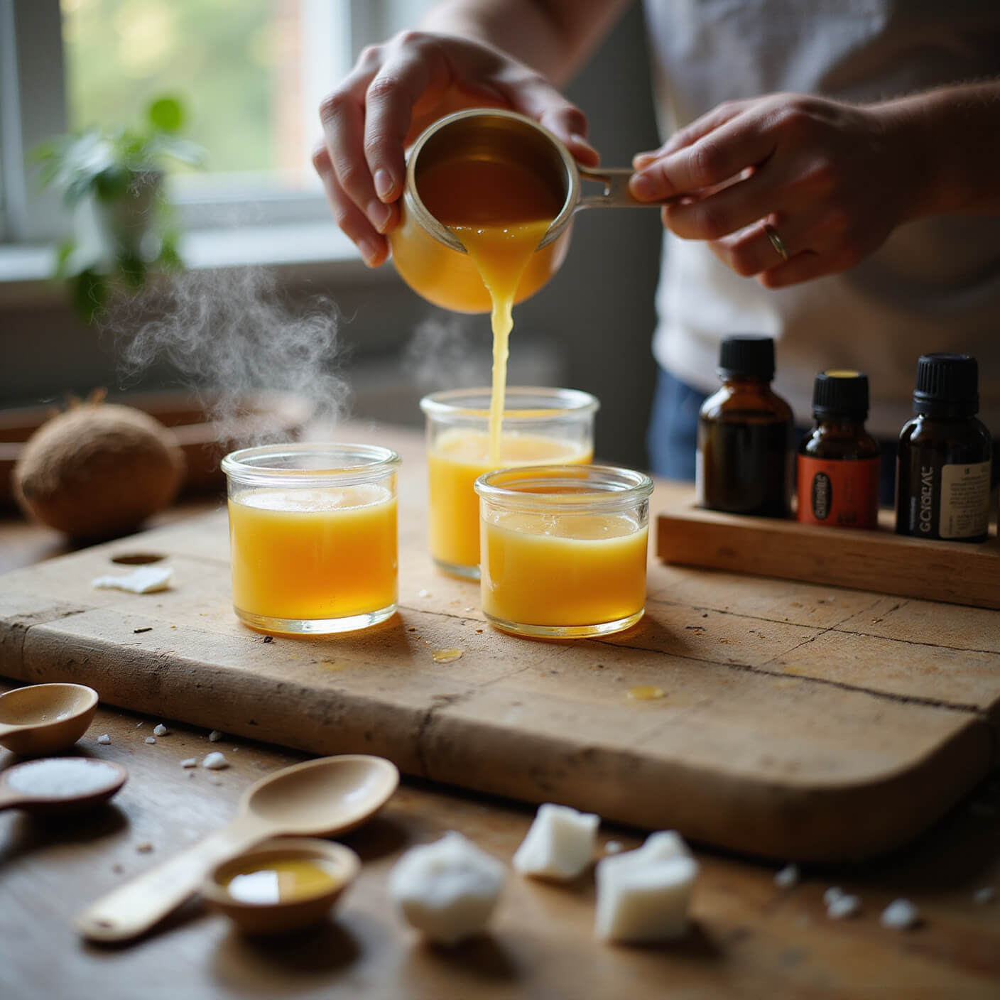 Hands pouring golden melted beeswax into small glass containers on a weathered wooden cutting board, with steam rising in soft morning light, surrounded by measuring spoons, coconut oil droplets, and essential oil bottles in a bamboo holder.