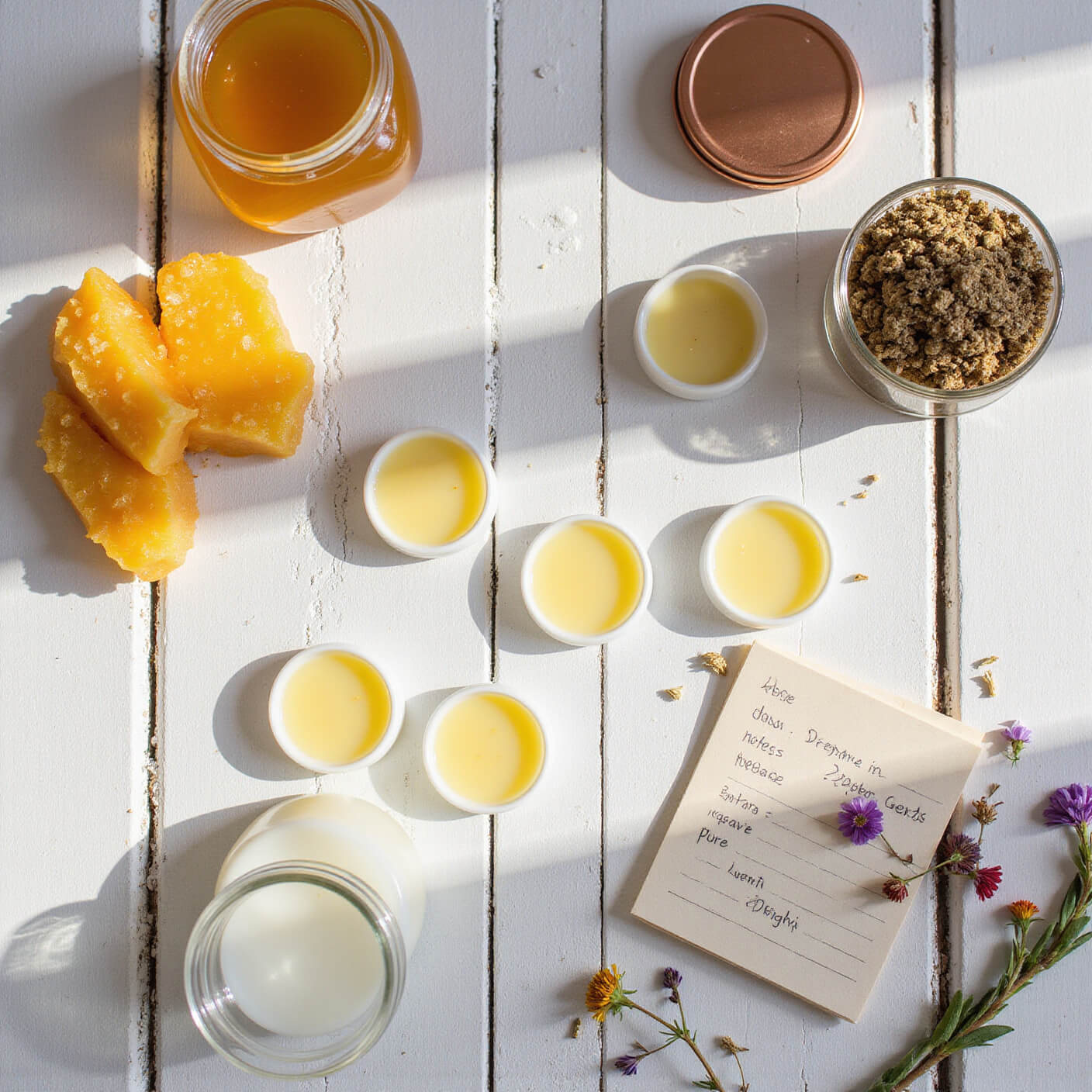 Flat lay of handmade lip balms in clear and rose gold containers on a whitewashed wooden surface, with beeswax, honey, coconut oil, dried flowers, and a handwritten recipe card under warm afternoon sunlight.