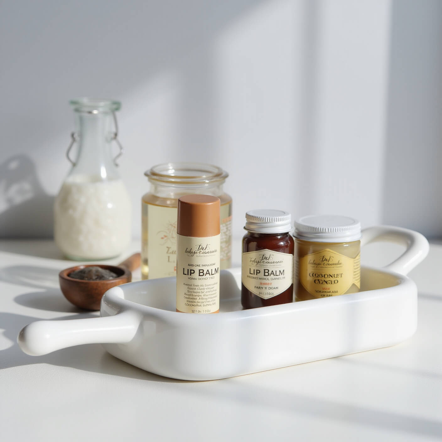 Minimalist product display of lip balms on a white tray with honey jar, coconut oil bottle, and labeled containers under natural light.
