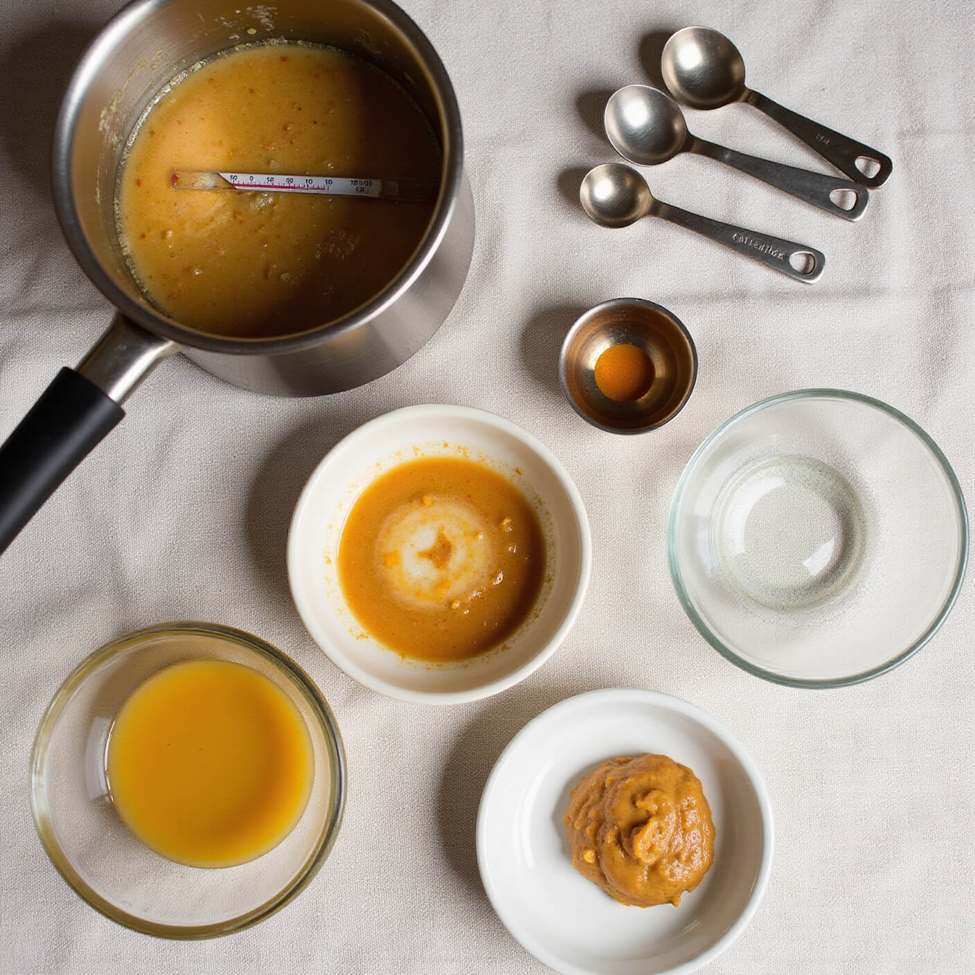 Overhead view of double boiler melting ingredients with thermometer, surrounded by stainless steel measuring spoons, glass bowls, and prep bowls showing mixture stages on neutral linen in morning light.