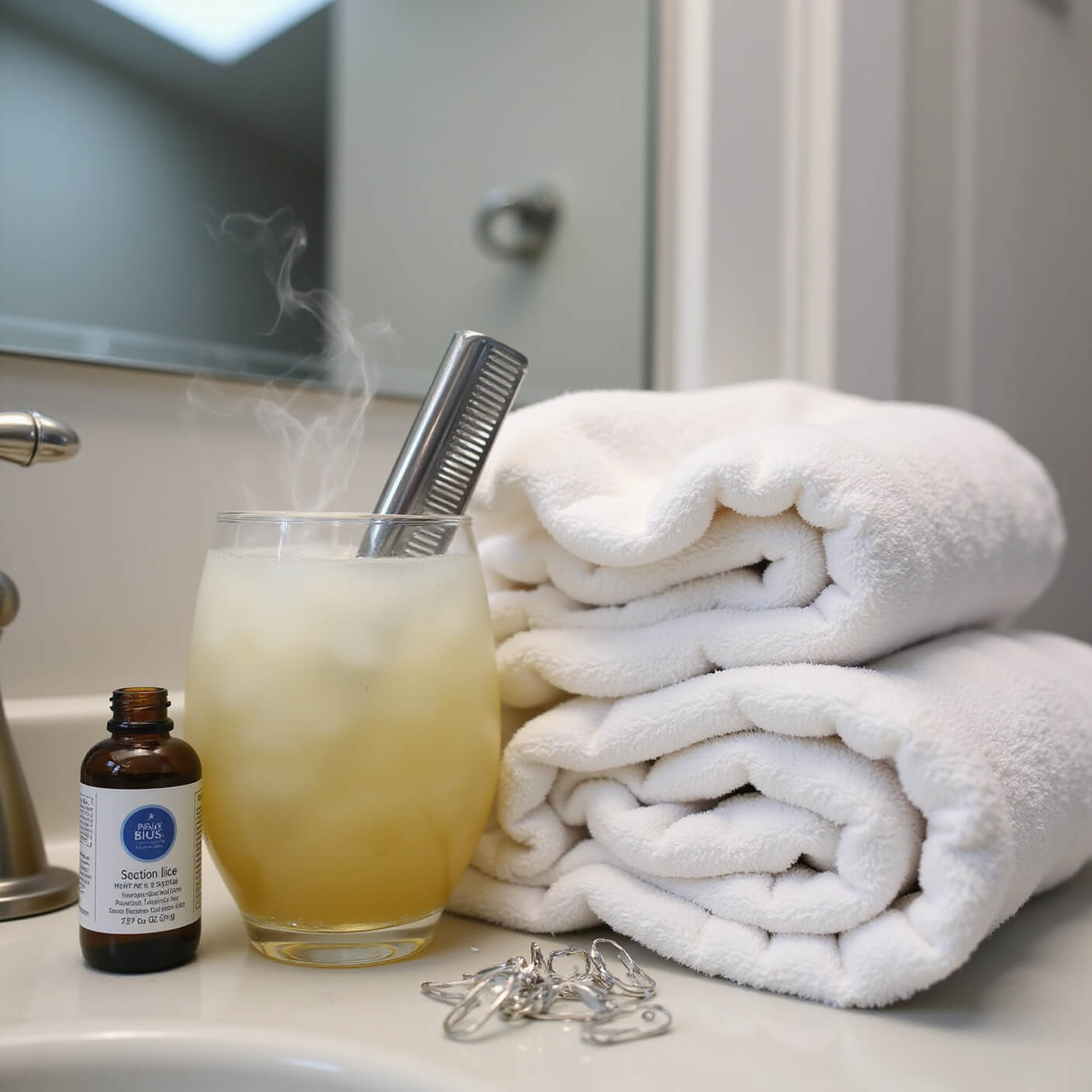 Close-up of a bathroom vanity with a metal nit comb in steaming water, essential oils dripping into olive oil, and neatly arranged towels, shower caps, and hair clips under soft skylight.