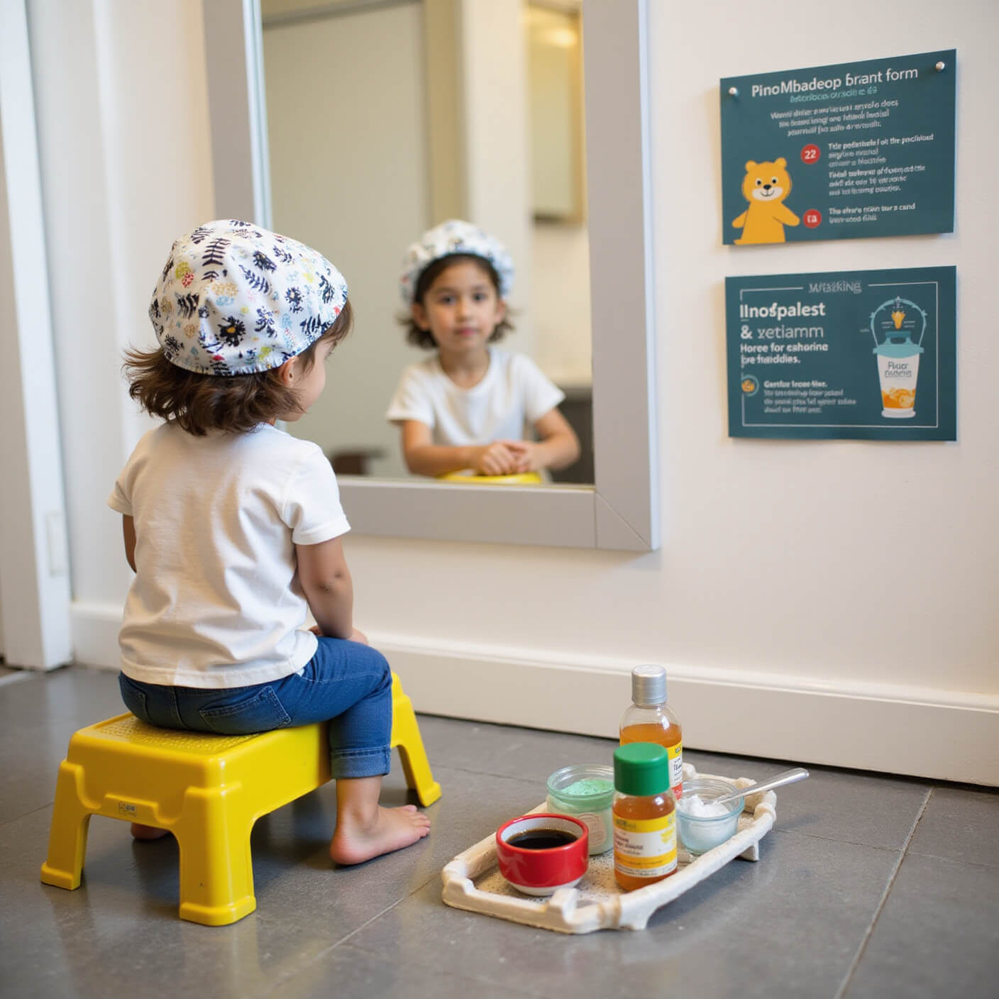 Child-friendly bathroom with colorful step stool, animal-print shower caps, natural treatments, infographic instructions on mirror, and timer, shot at child height in late morning light.