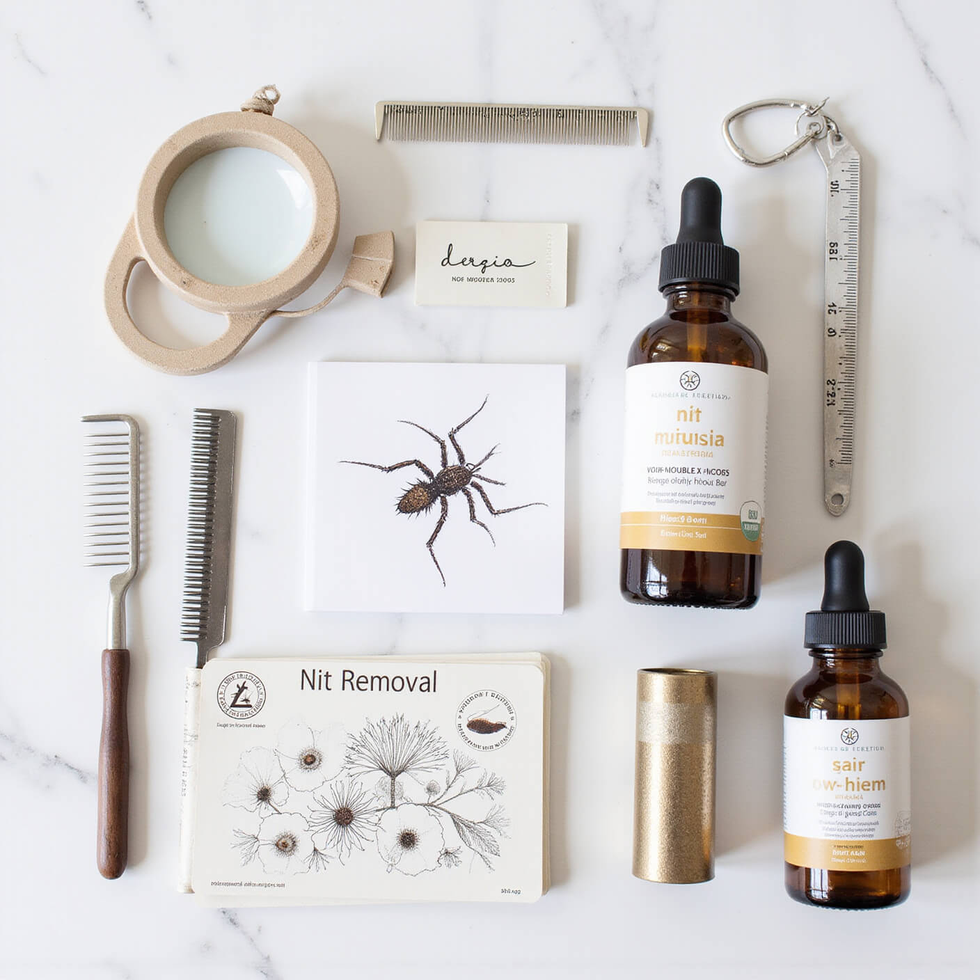Flat lay of metal nit combs, amber bottles of organic oils, measuring tools, and illustrated instruction cards neatly arranged on white marble, with a magnifying glass highlighting nit removal detail.