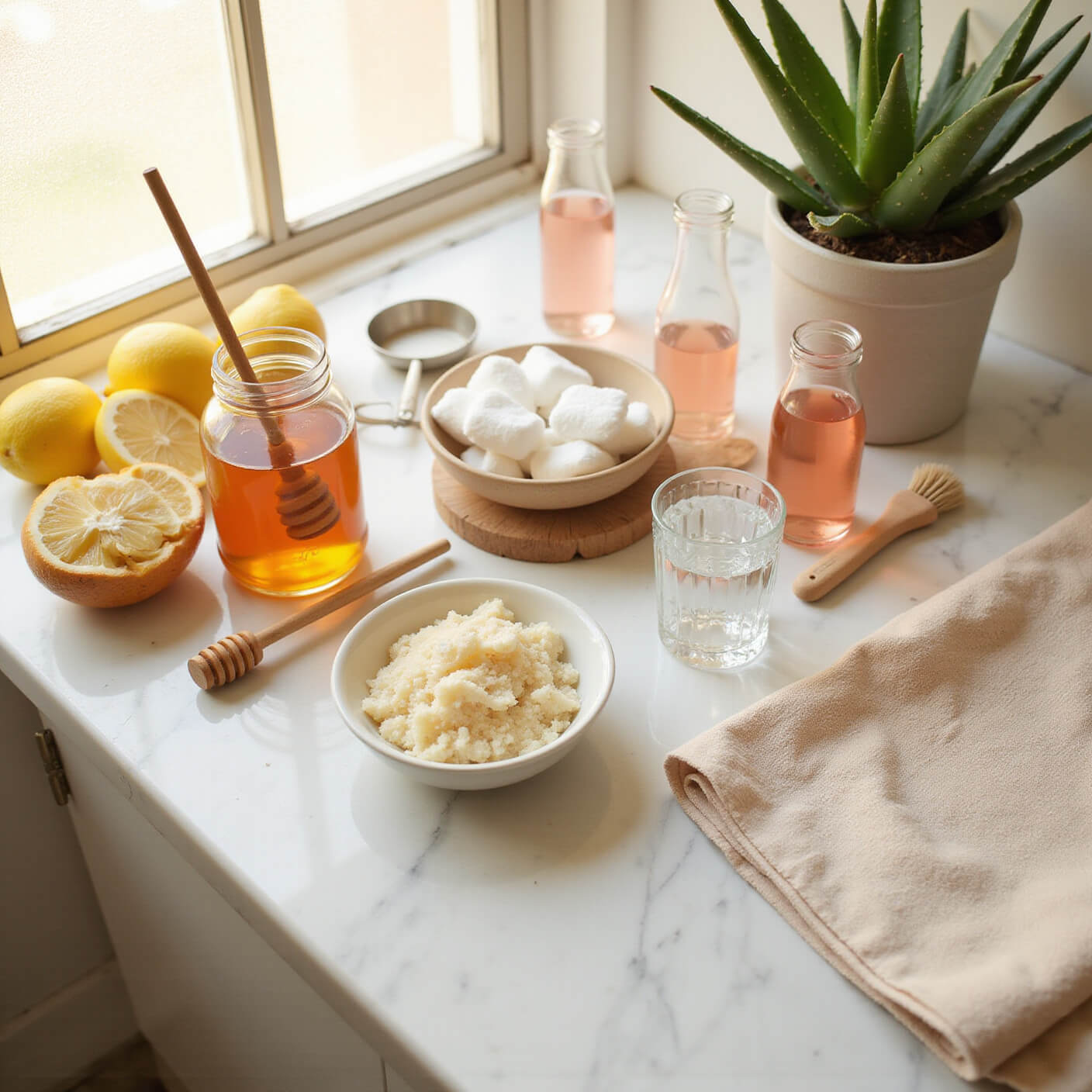 Sunlit marble counter with DIY lip care station featuring lemons, honey jar, sugar scrub, rosewater bottles, cotton rounds, brush, glass of water, towels, and aloe plant at golden hour.