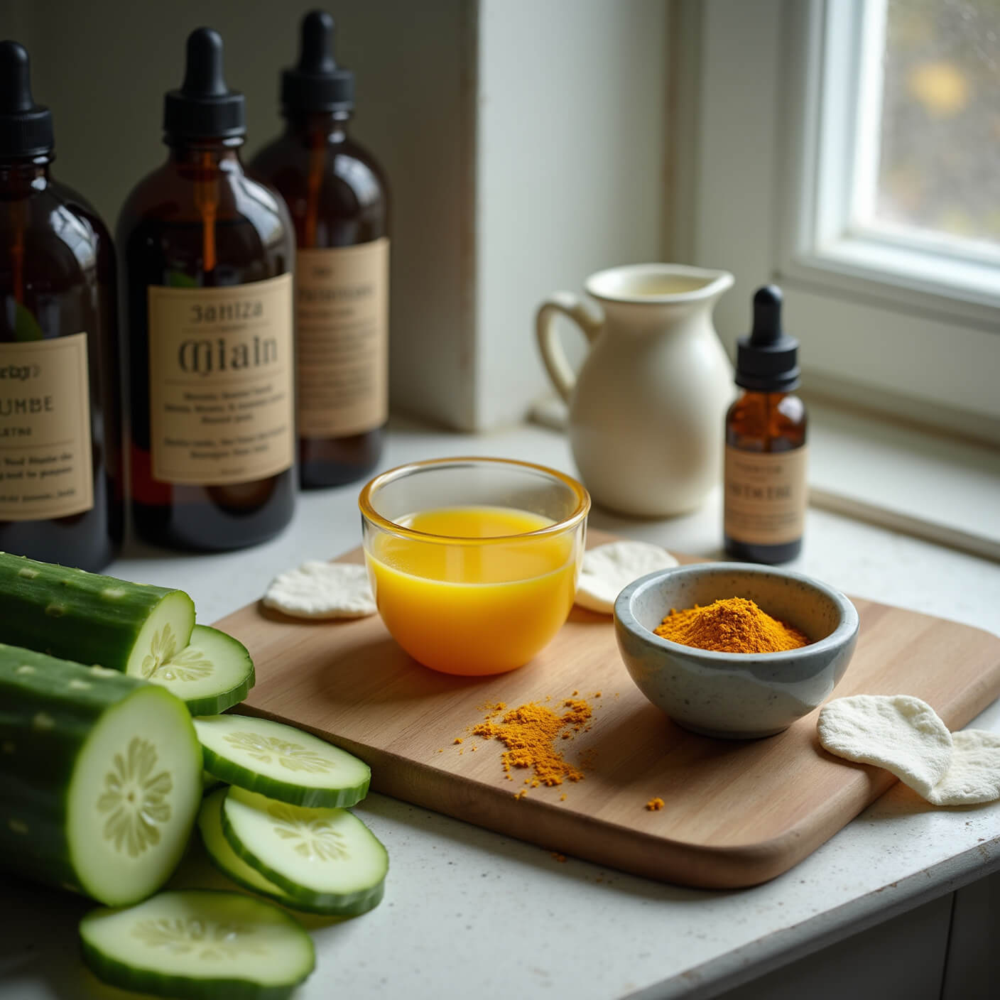 Close-up of a rustic cutting board with sliced cucumber, cucumber juice, organic cotton pads, turmeric powder in a marble mortar, and a ceramic pitcher of milk, surrounded by handmade labels and dropper bottles in soft morning light.