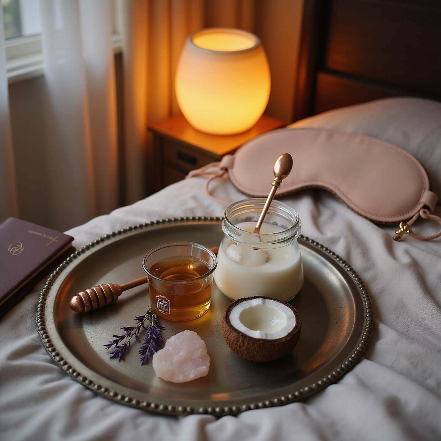 Cozy bedroom vanity at dusk with a vintage silver tray holding coconut oil, honey pot, rose quartz roller, alongside a silk sleep mask, dried lavender, and journal under warm amber lamp light.