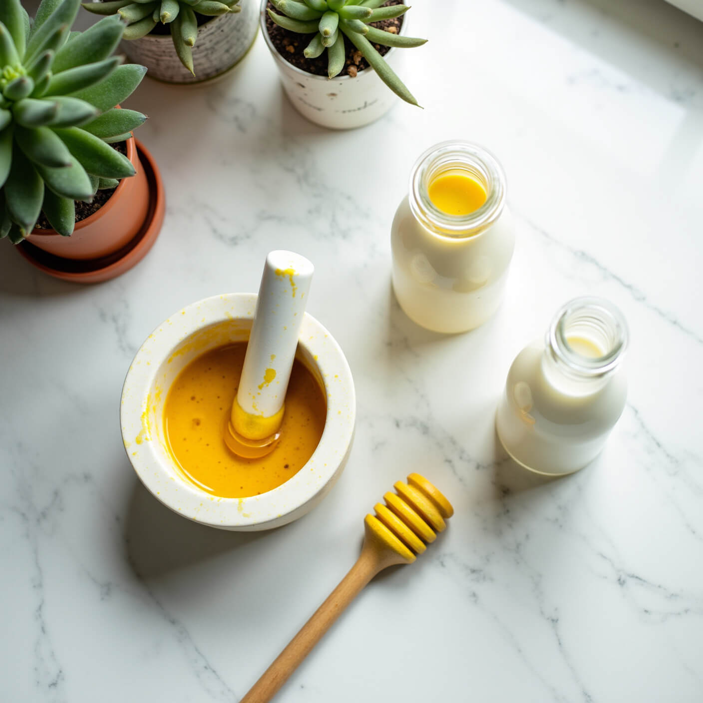 Natural lip care ingredients on sunlit marble counter with turmeric mortar, milk bottle, honey dipper, fresh herbs, and potted succulents.