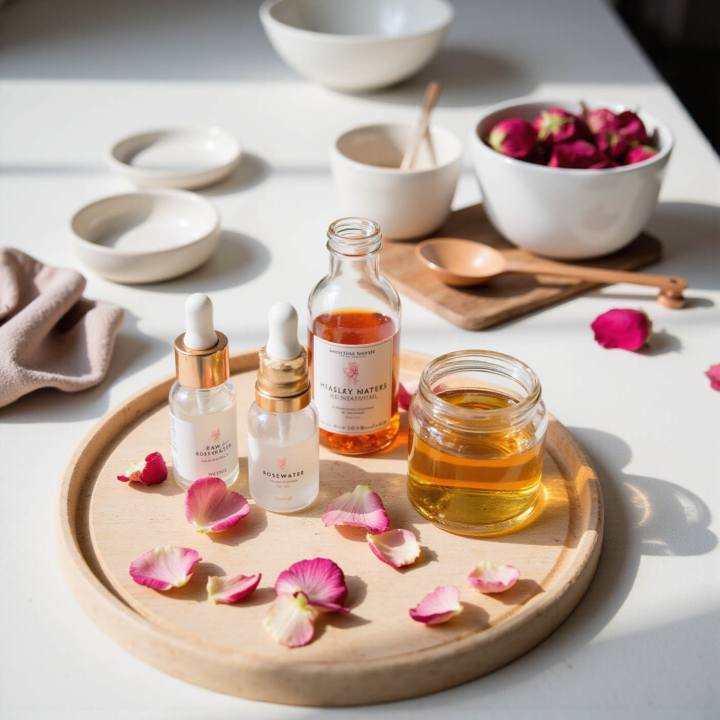 Botanical lip treatment setup in a sunlit kitchen with rose petals, crystal bottles, honey jars, and artisanal tools on a wooden tray.