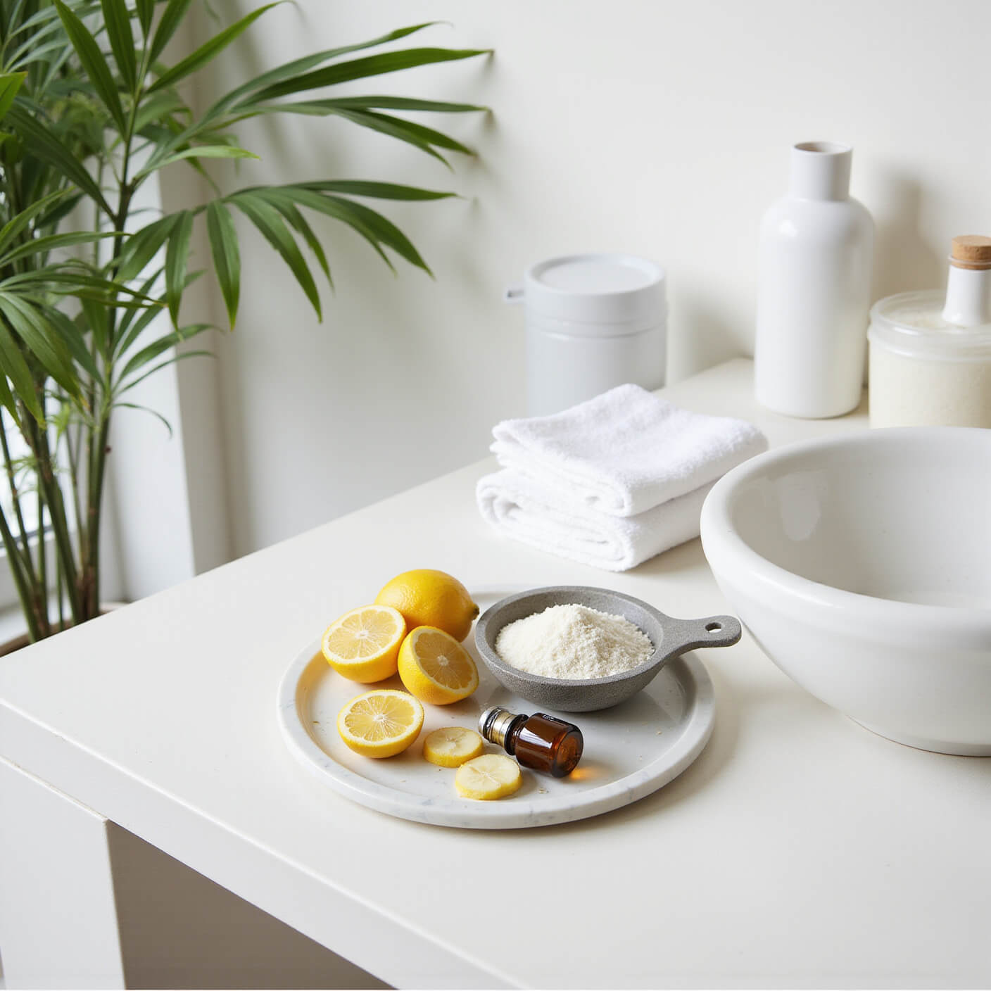 Minimalist white bathroom counter with lemon-sugar scrub setup, halved lemons, raw sugar in stone bowl, essential oil drops on marble plate, white ceramics, glass jars, fresh towels, and green palm leaf, shot from above in strong morning light.
