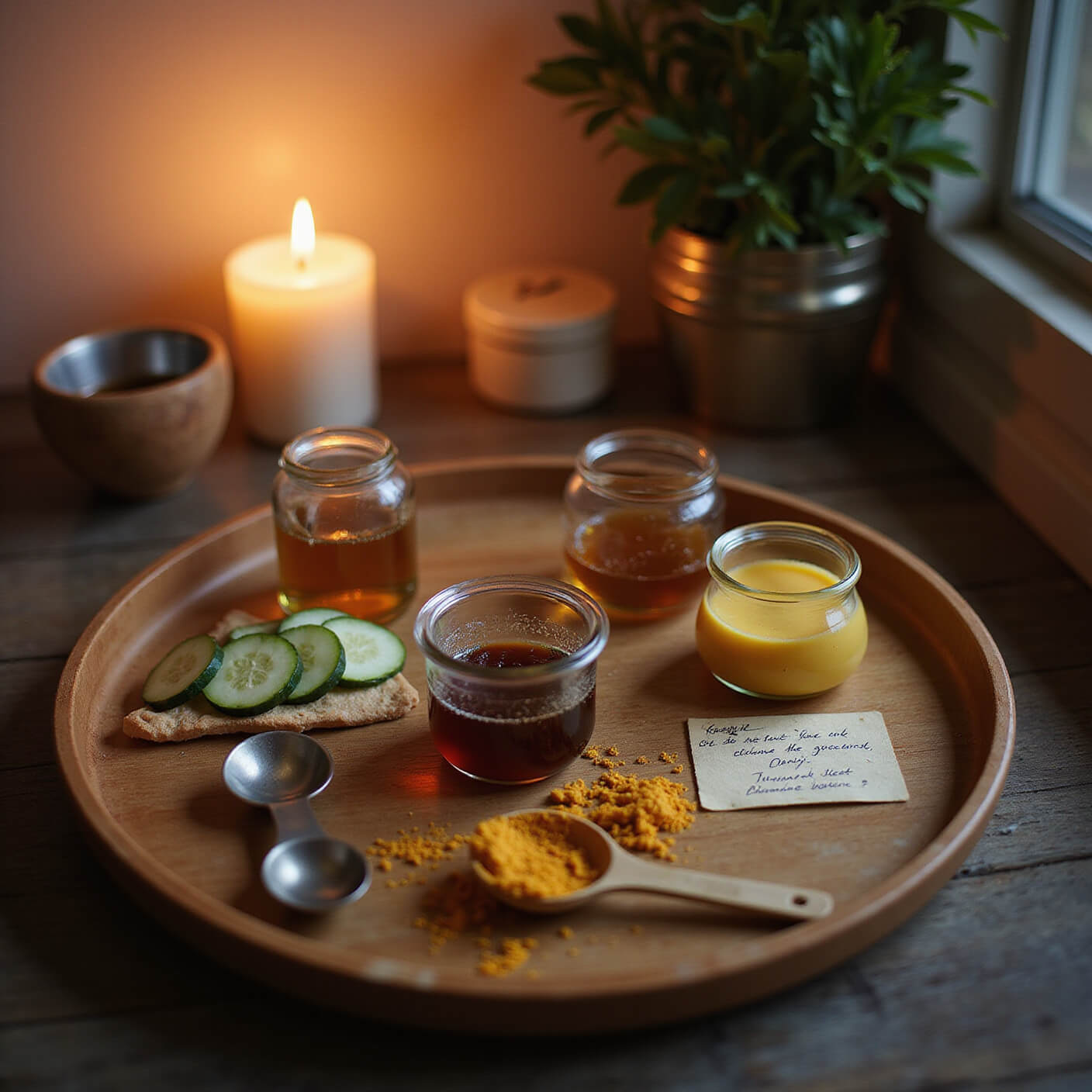 Evening wellness corner with glass jars of natural lip treatments on bamboo tray, handwritten recipe cards, organic ingredients, and small measuring spoons lit by warm candlelight.