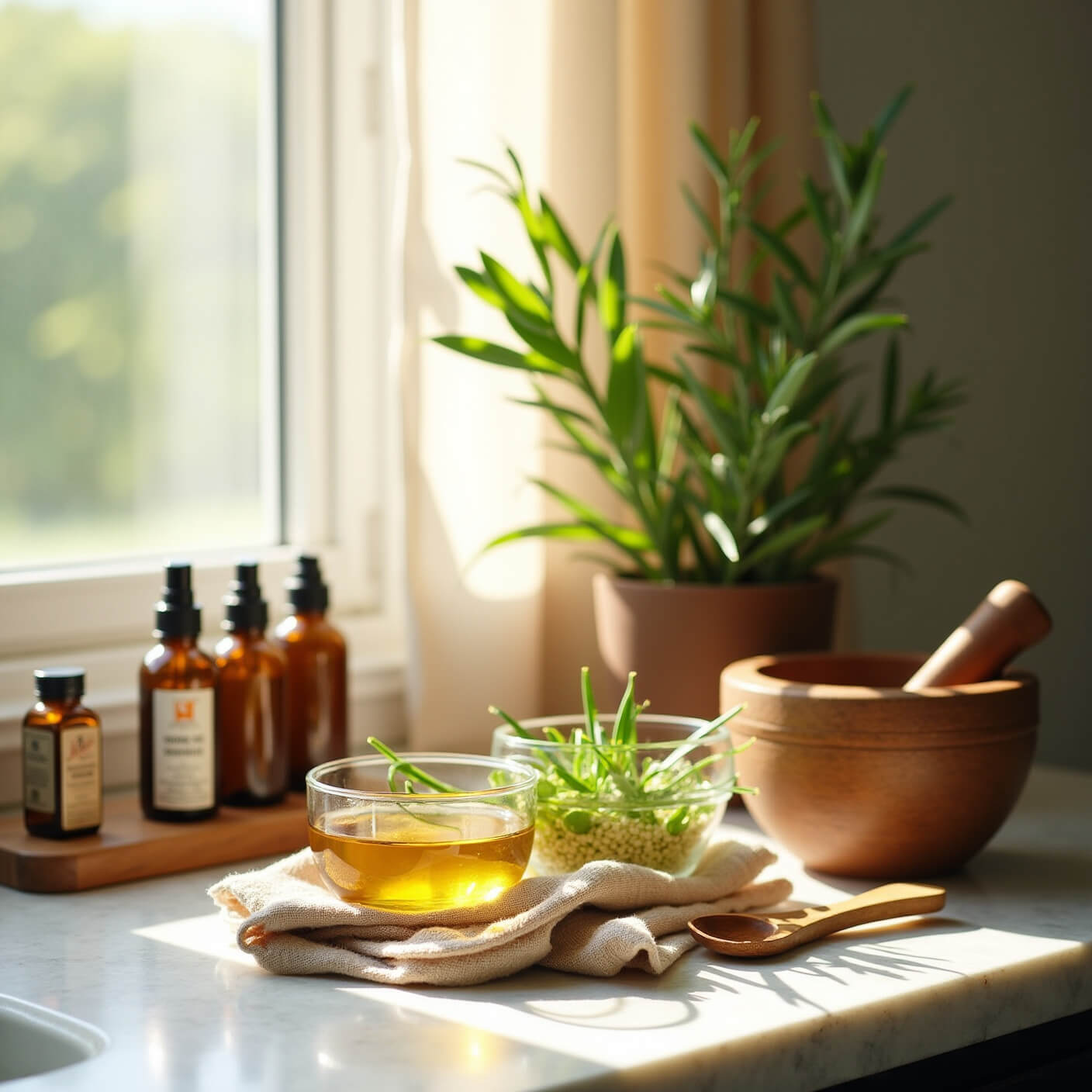 Sunlit modern kitchen corner with marble countertops featuring a DIY hair care station with castor oil, aloe vera, fenugreek seeds, wooden spoons, amber glass bottles, and a mortar with herbs.