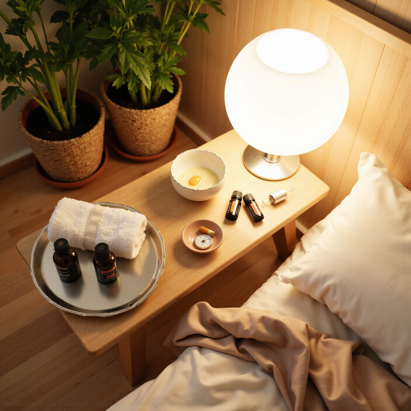 Minimalist bedroom corner with warm lamplight illuminating a wooden table holding a ceramic bowl of onion juice and honey, essential oils on a tray, a timer, brush, plush towels, silk pillowcase, and potted plants, viewed from above.