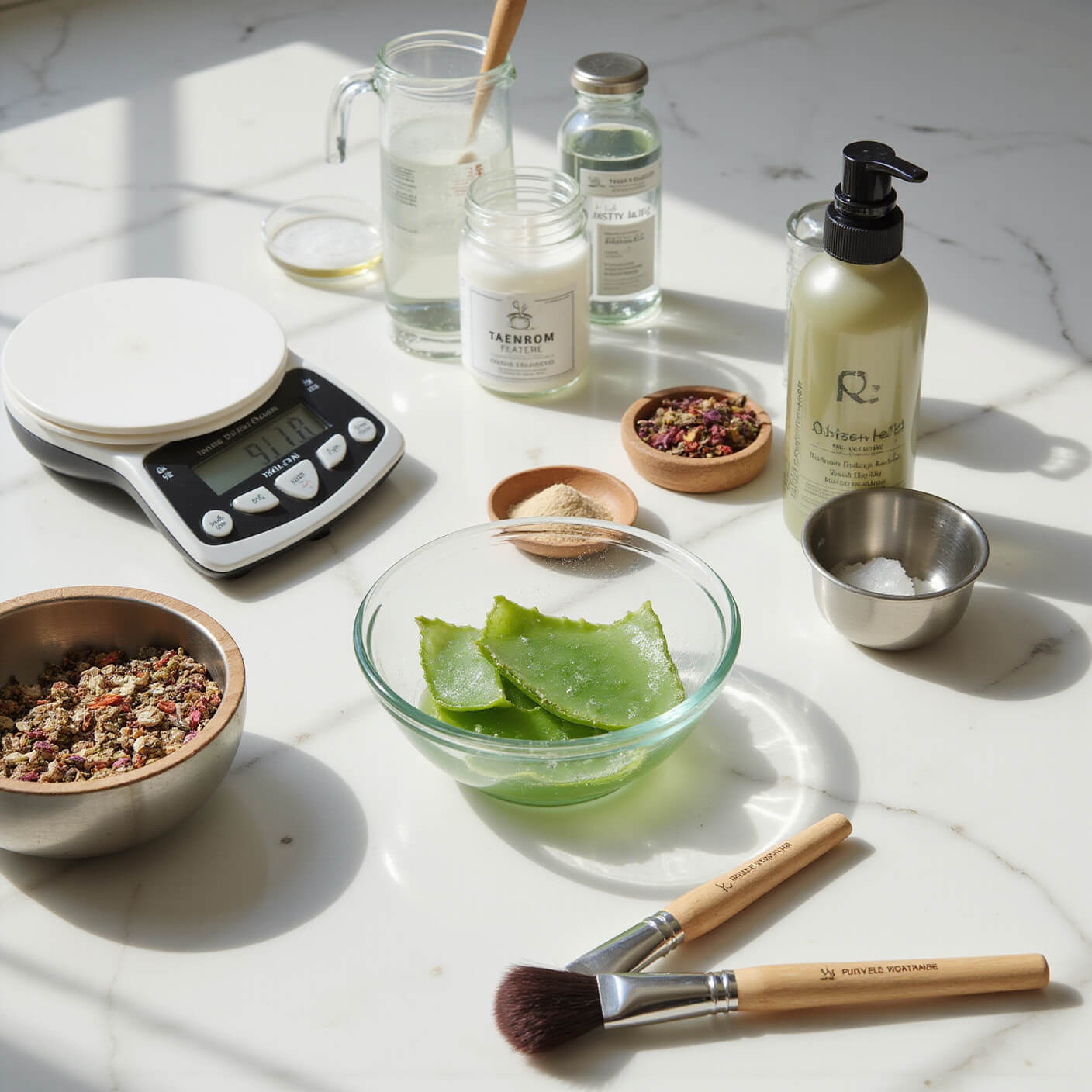 Home treatment station with glass workspace, measuring tools, digital scale, ingredient jars, aloe vera gel in a steel bowl, dried herbs in wooden dishes, spray bottle, and brushes on a marble surface in natural light.