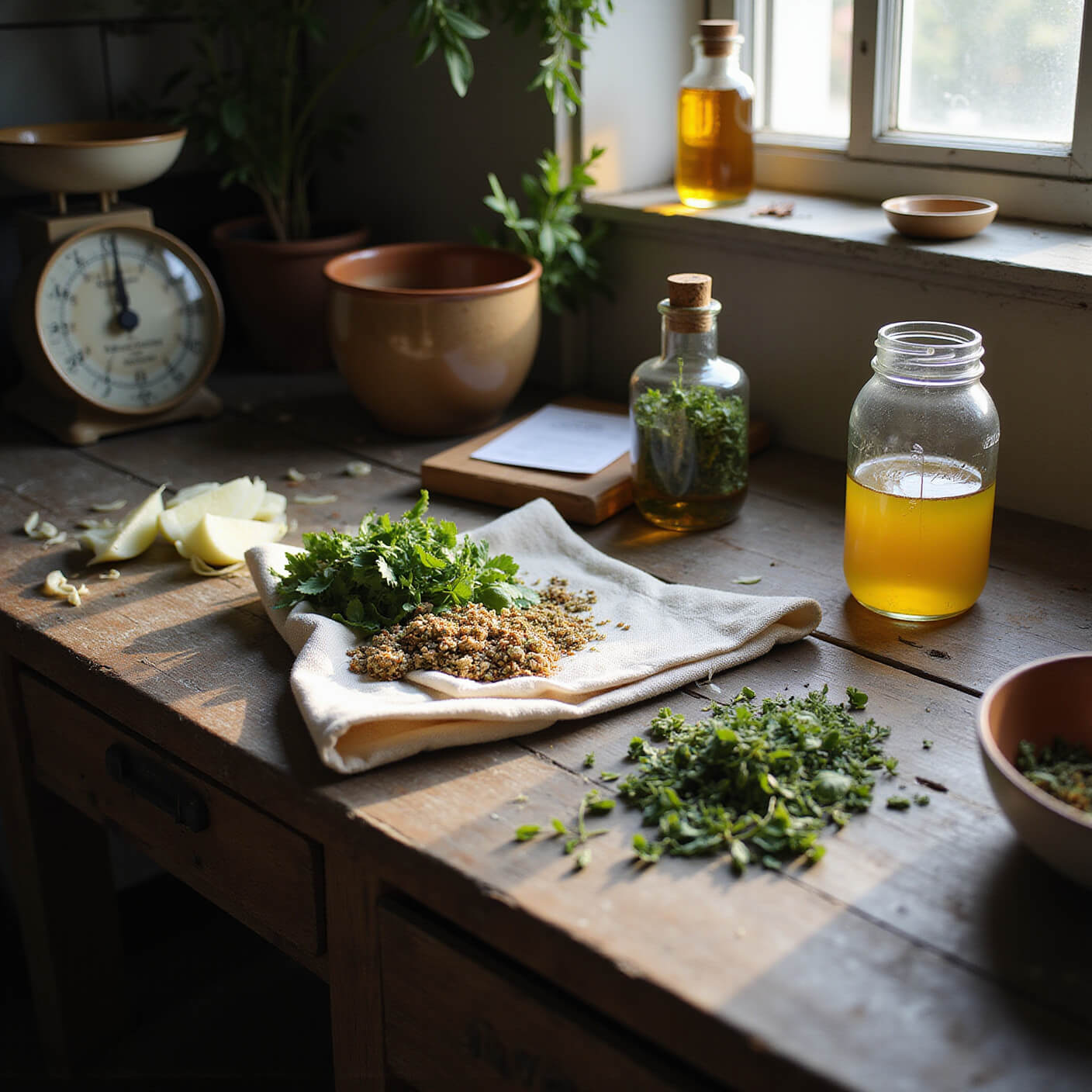 Rustic kitchen scene with a wooden table displaying sliced onions, sprouted fenugreek, drying herbs on linen cloths, mason jars of oils, handwritten recipe cards, a vintage scale, and ceramic mixing bowls in soft morning light.
